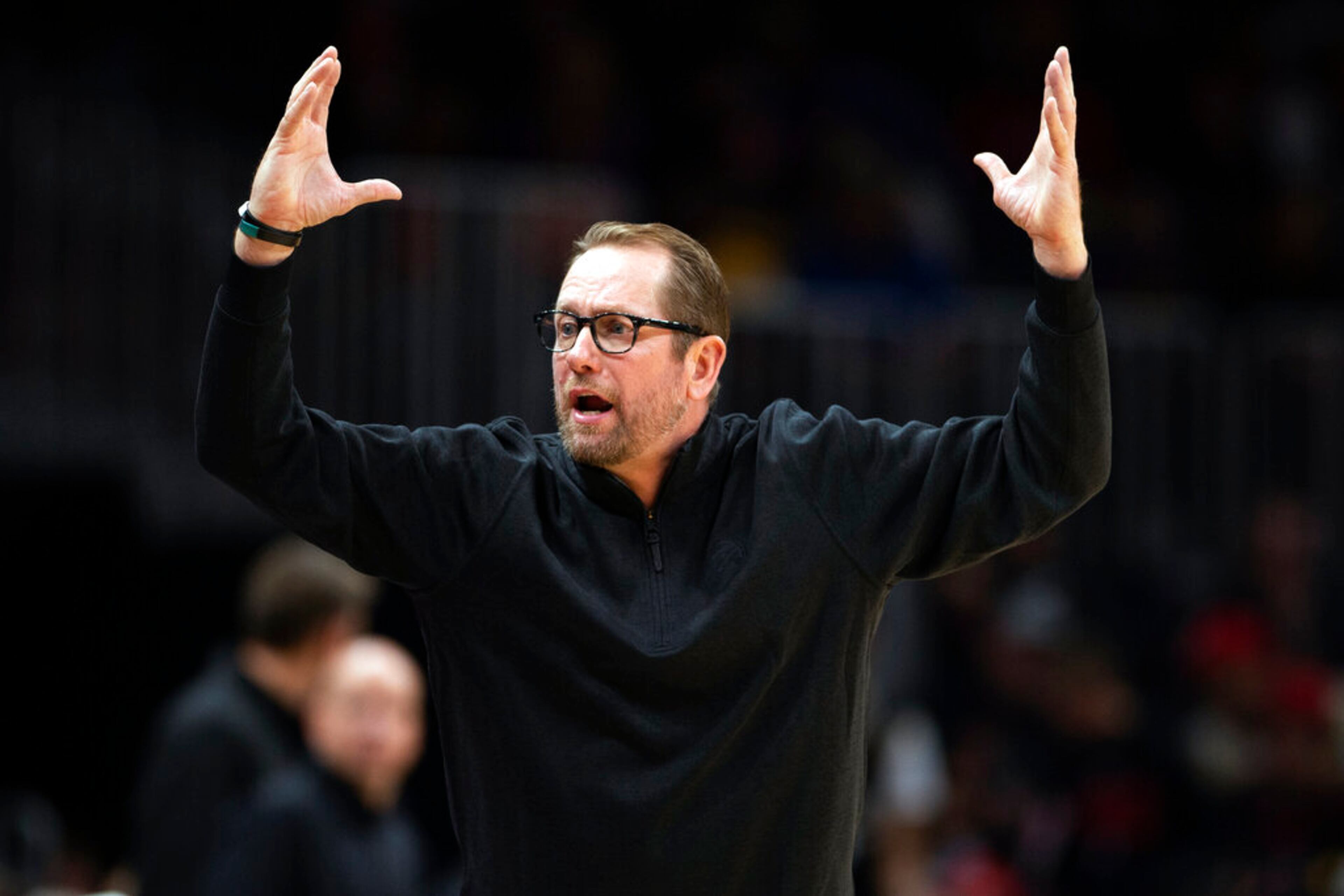 Toronto Raptors head coach Nick Nurse reacts during the first half of an NBA basketball game against the Atlanta Hawks, Saturday, Nov. 19, 2022, in Atlanta. (AP Photo/Hakim Wright Sr.)
