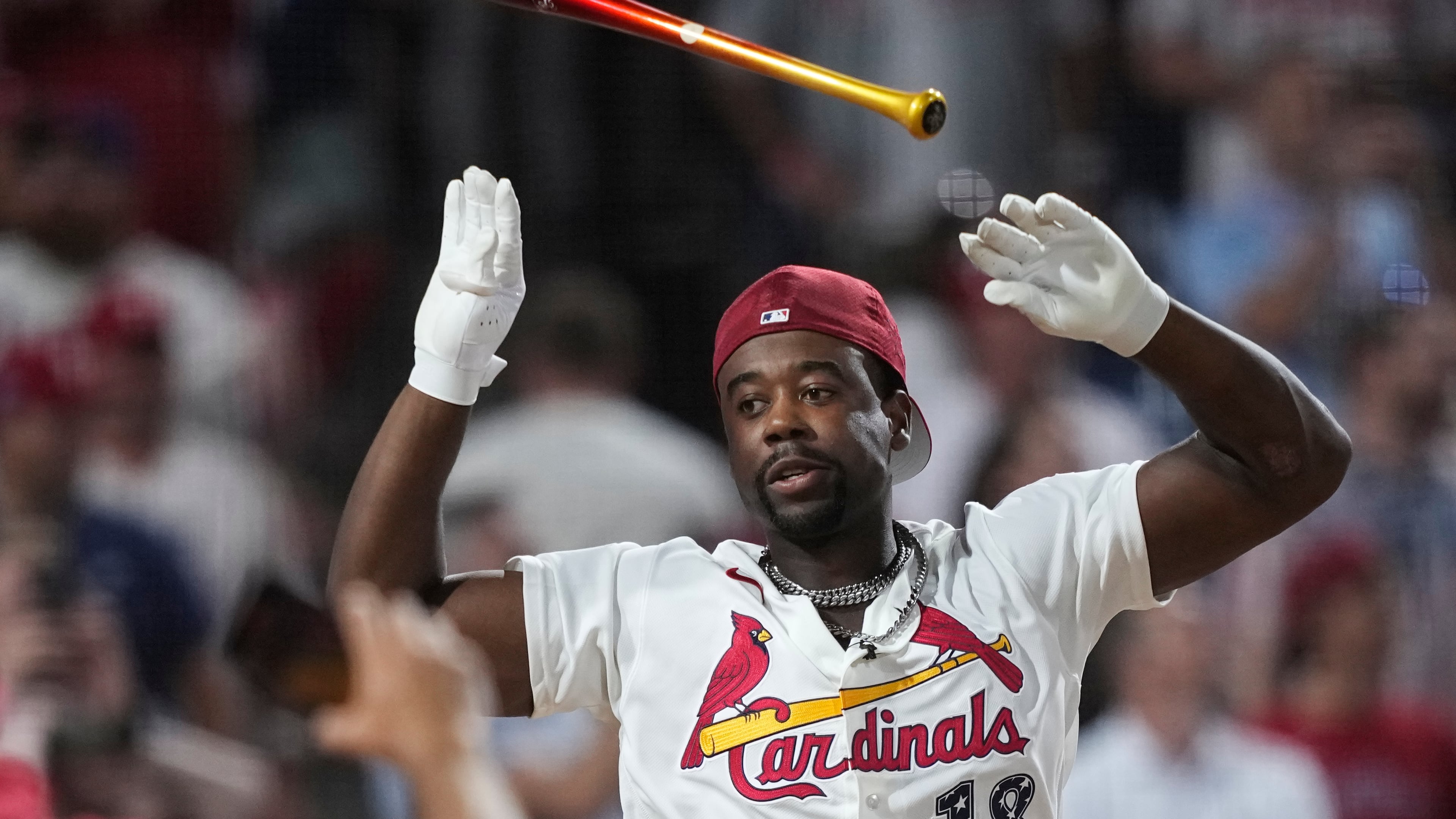 St. Louis Cardinals' Jordan Walker tosses the bat as he wins the MLB baseball All-Star Home Run Derby, Monday, July 13, 2026, in Philadelphia. (AP Photo/Matt Slocum)