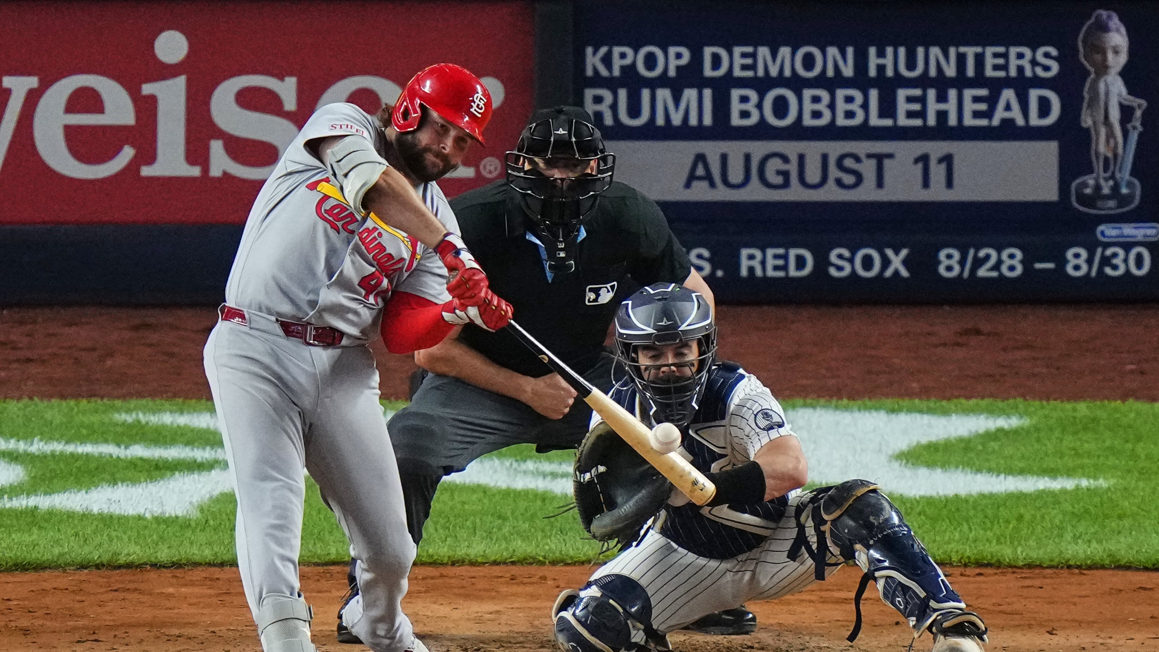 St. Louis Cardinals' Alec Burleson hits a two-run home run during the fourth inning of a baseball game against the New York Yankees Monday, Aug. 3, 2026, in New York. (AP Photo/Frank Franklin II)