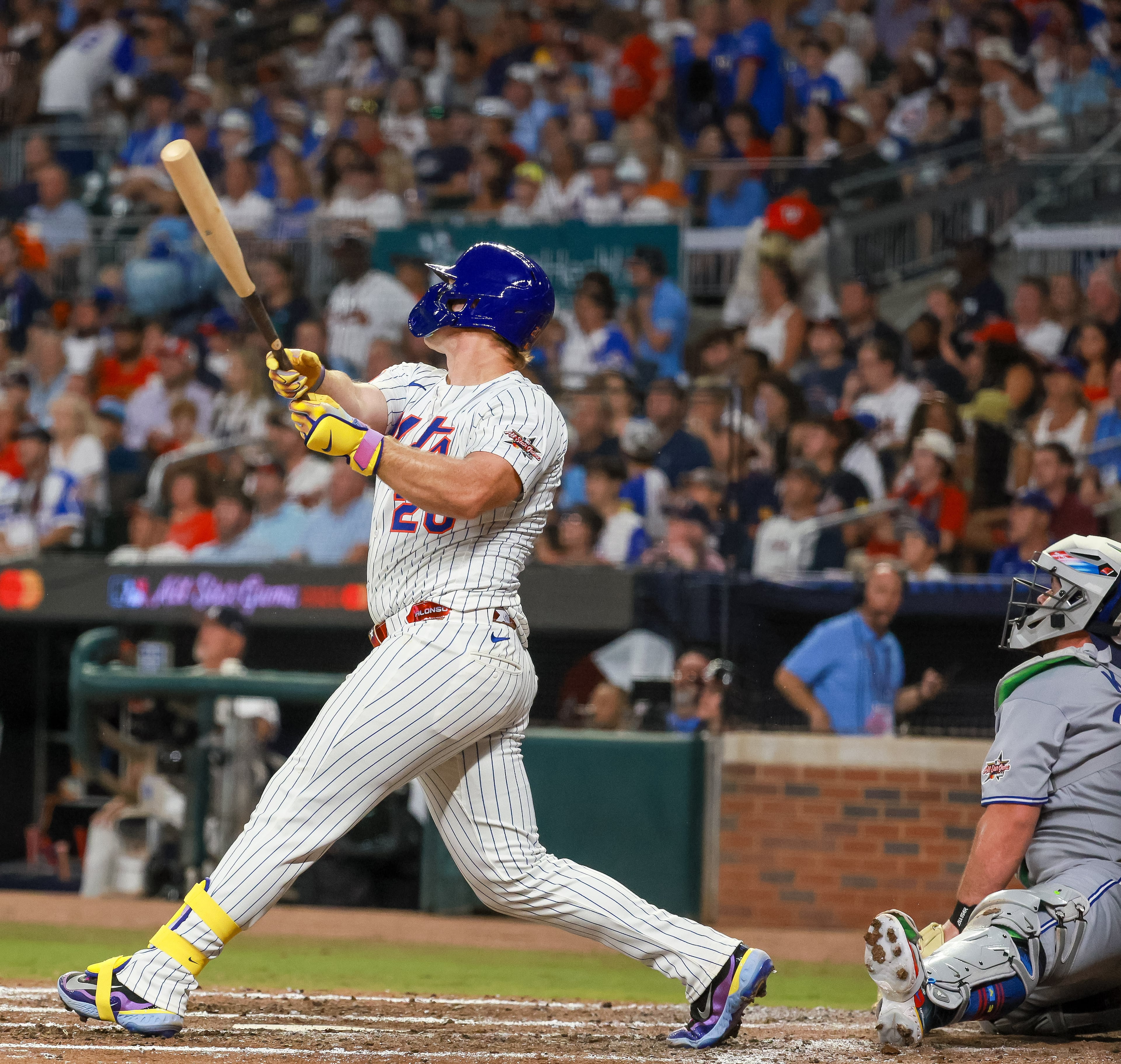 Pete Alonso of the New York Mets hits a three-run home run during the sixth inning of the MLB All-Star Game at Truist Park in Atlanta on Tuesday, July 15, 2025. (Jason Getz/AJC)
