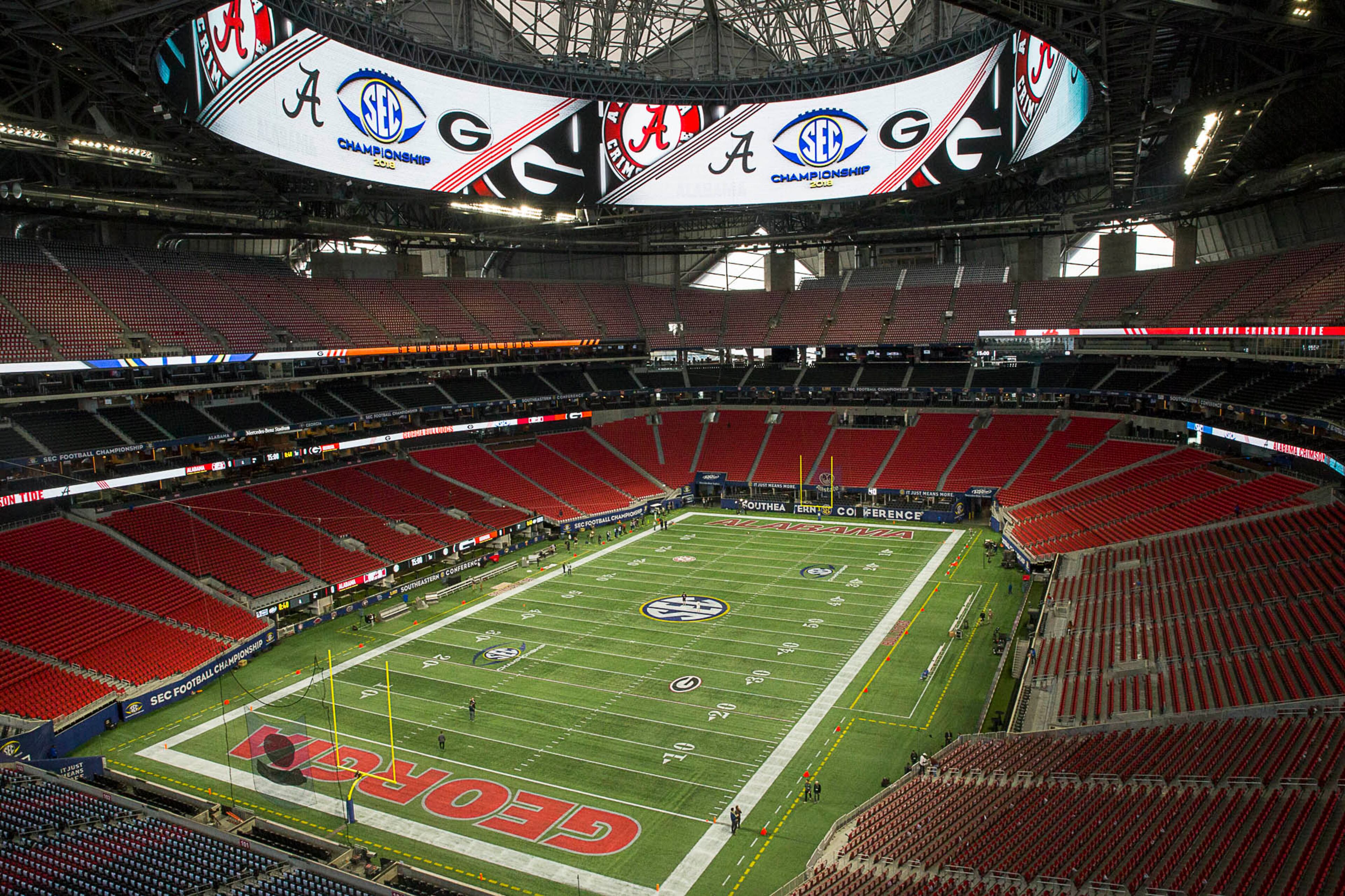 11/30/2018 -- Atlanta, Georgia -- The field at MercedesBenz Stadium for the SEC Championship game in Atlanta, Friday, November 30, 2018. Georgia will play the Alabama in the 2018 SEC Championship game on Saturday (ALYSSA POINTER/ALYSSA.POINTER@AJC.COM)