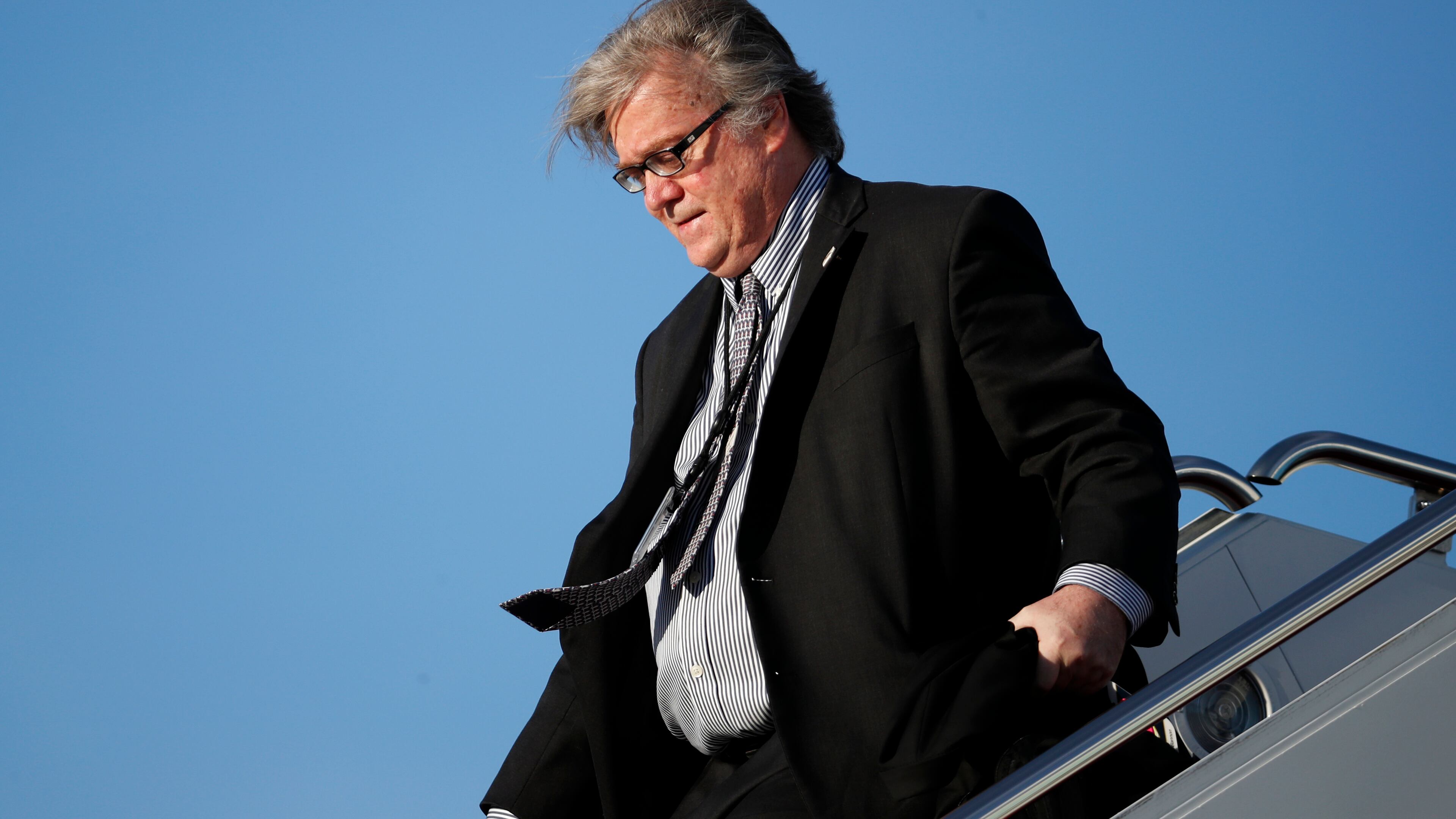 In this April file photo, White House chief strategist Steve Bannon steps off Air Force One at Andrews Air Force Base. AP/Alex Brandon