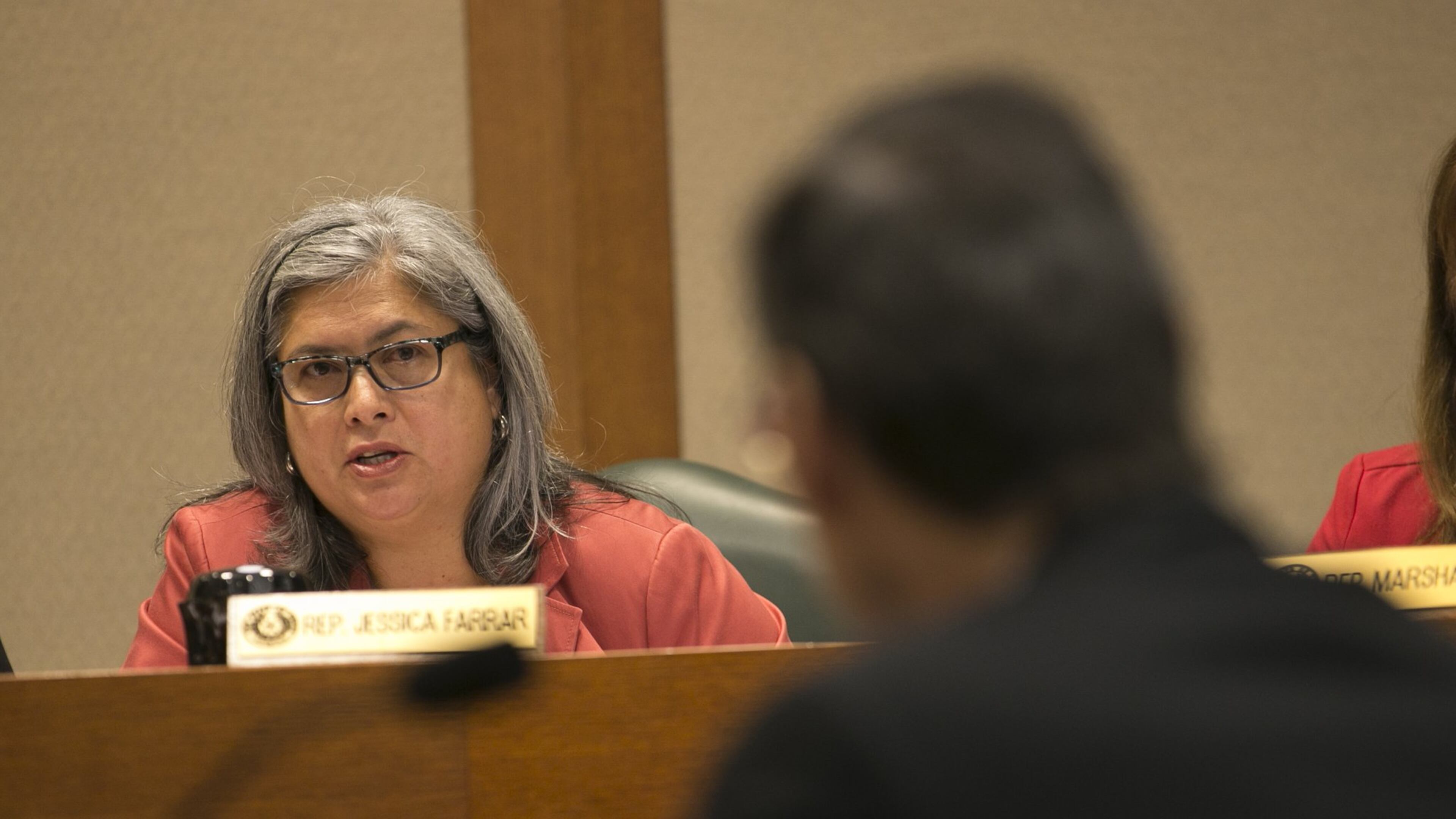 Rep. Jessica Farrar questions Raymond Greenberg, Executive Vice Chancellor for Health Affairs for the University of Texas System, before a House State Affair Committee during a hearing at the Capitol to discuss creating regulations regarding the harvesting of fetal tissue in Austin, Tx., on Thursday, April 28, 2016. DEBORAH CANNON / AMERICAN STATESMAN