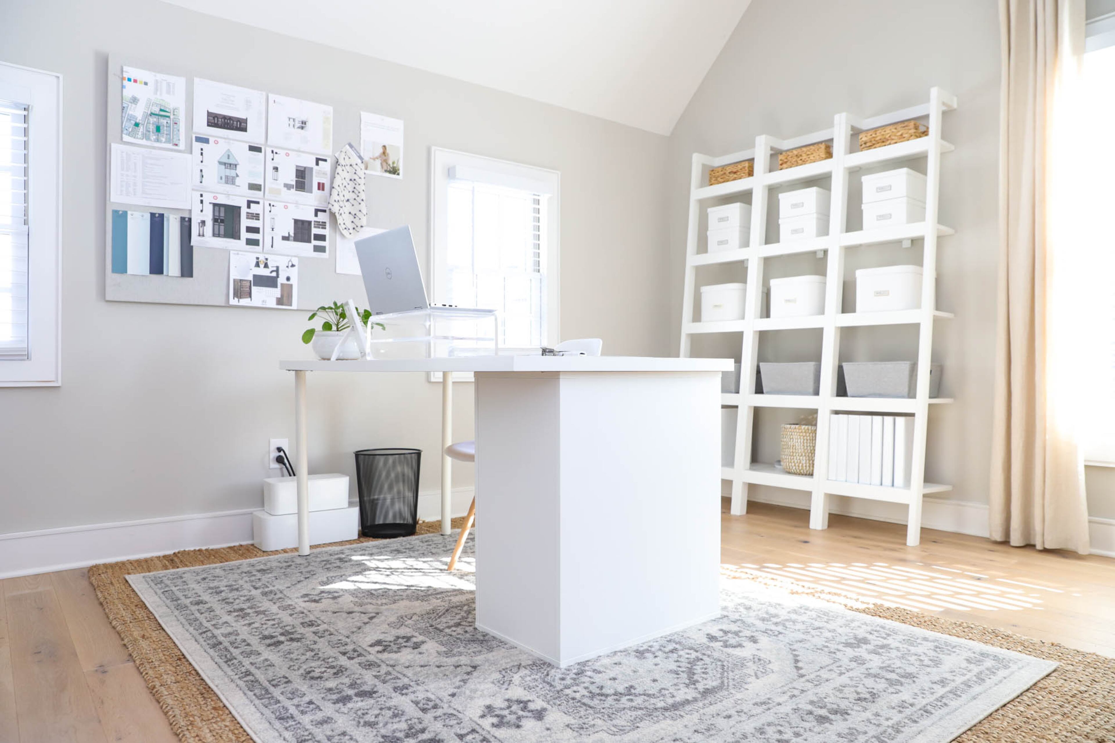 The leaning Crate & Barrel shelves in homeowner Bethany Jones’ office are stylish and functional, housing décor samples and client notes in bins and boxes from Target and The Container Store. An area rug from Cost Plus World Market and a linen pin board from Pottery Barn warm the room with texture without creating distracting visuals, perfect for a home office. Text by Shannon Dominy/Photo by Reynolds Rogers