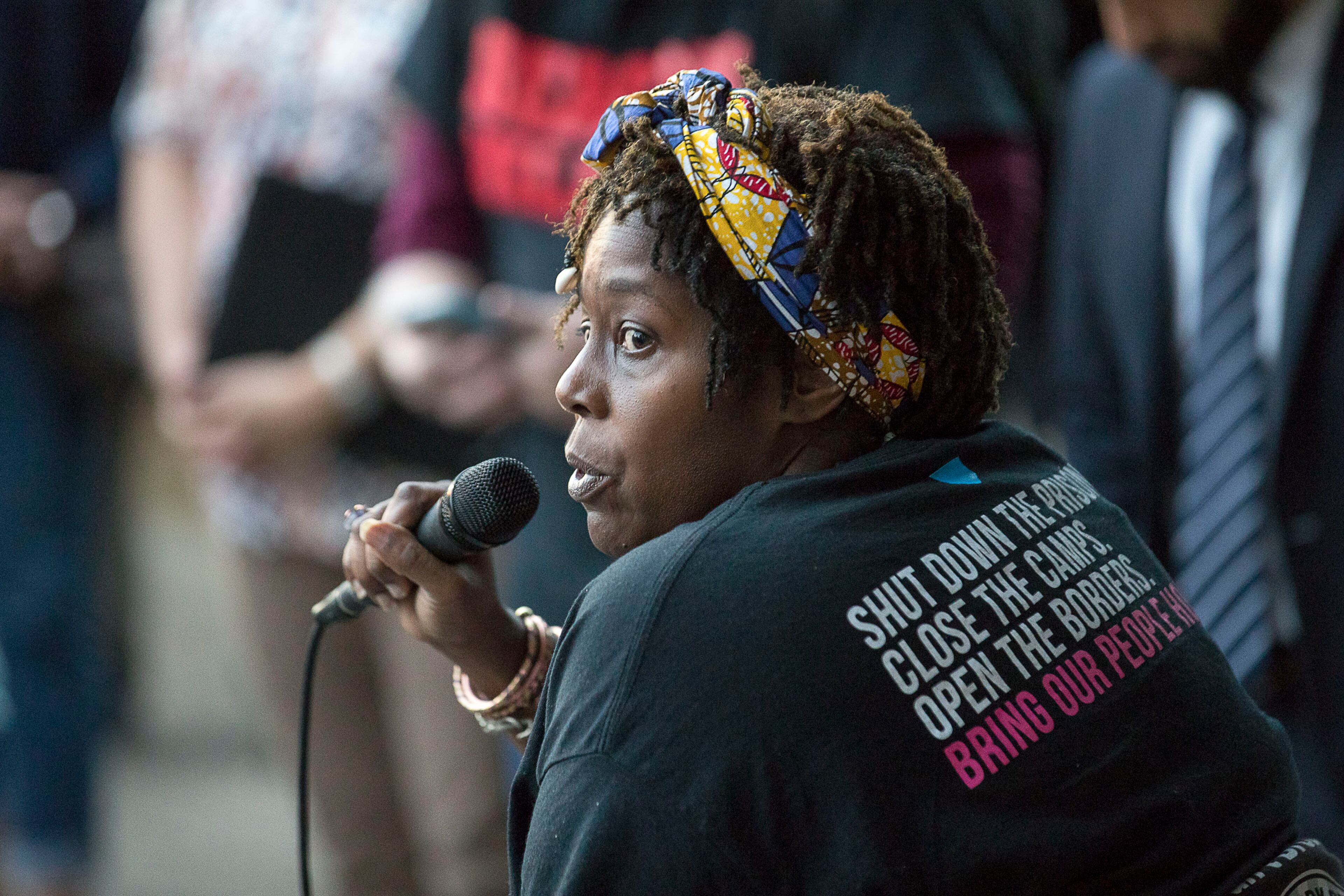 10/14/2019 -- Decatur, Georgia -- Dawn O'Neal, of Us Protecting Us, speaks in support of a long jail sentence for former DeKalb County Police Officer Robert "Chip" Olsen after he was found not guilty for the murder of Anthony Hill at the DeKalb County Courthouse, Monday, October 14, 2019. The jurors reached guilty verdicts on four lesser charges: two counts of violation of oath of office, aggravated assault and making a false statement. (Alyssa Pointer/Atlanta Journal Constitution)