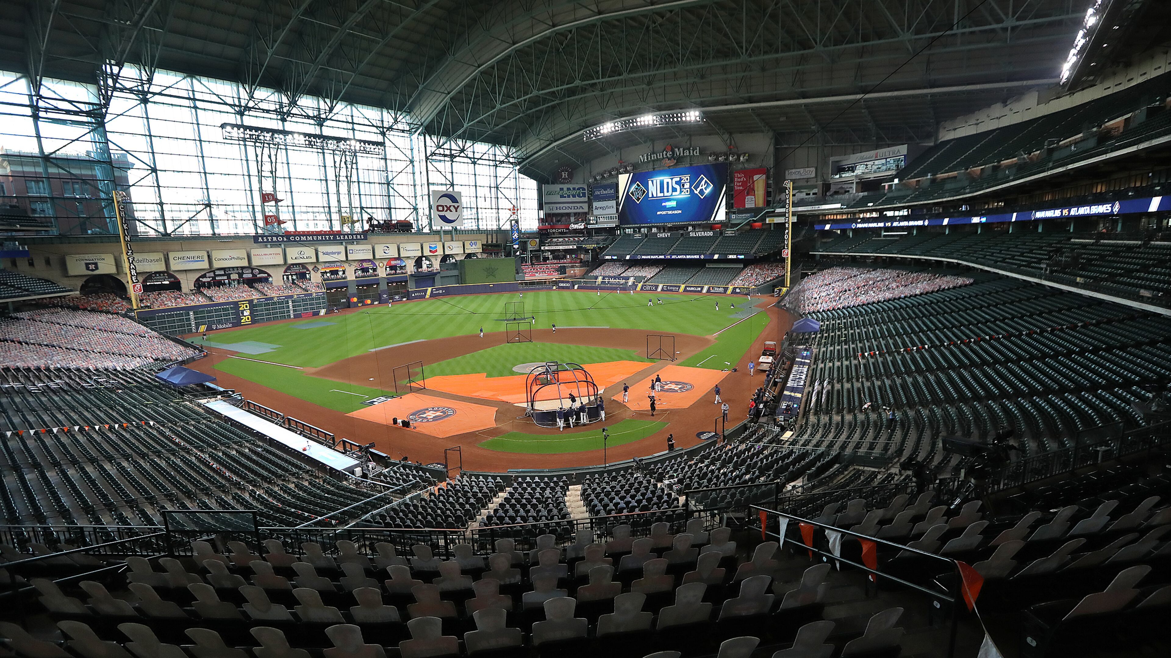 The Atlanta Braves prepare to play the Miami Marlins in Game 1 of the National League Division Series Tuesday, Oct. 6, 2020, at Minute Maid Park in Houston. (Curtis Compton / Curtis.Compton@ajc.com)