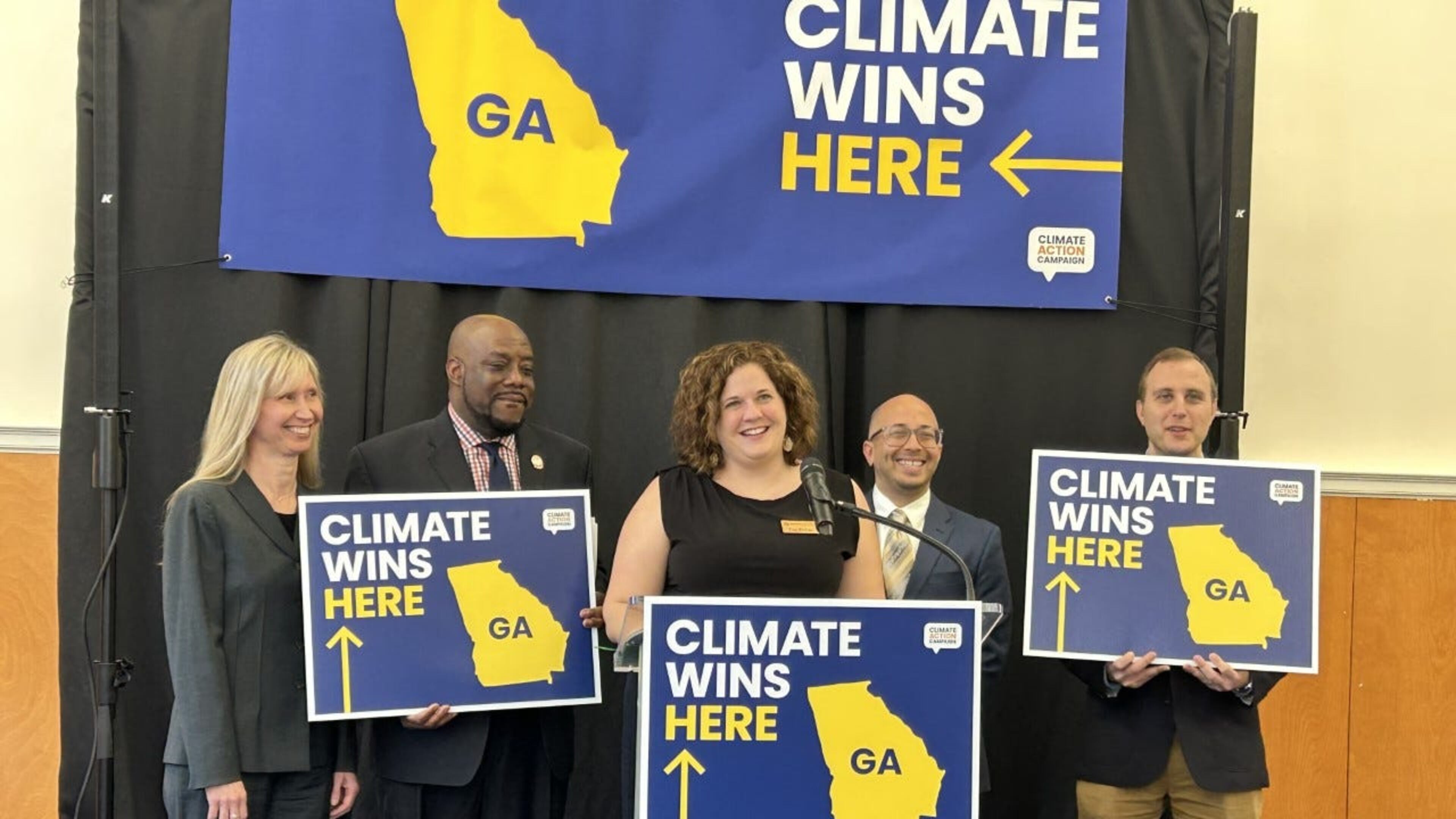 District 1 representative Denise Grabowski, Mayor Van Johnson, Savannah Tree Foundation executive director Zoe Rinker, solar consultant AJ Jeanty and district 4 representative Nick Palumbo speak at a Climate Action Campaign press conference about federal funding making impacts on Savannah's climate resiliency on Feb. 16, 2023. (Photo Courtesy of Marisa Mecke)