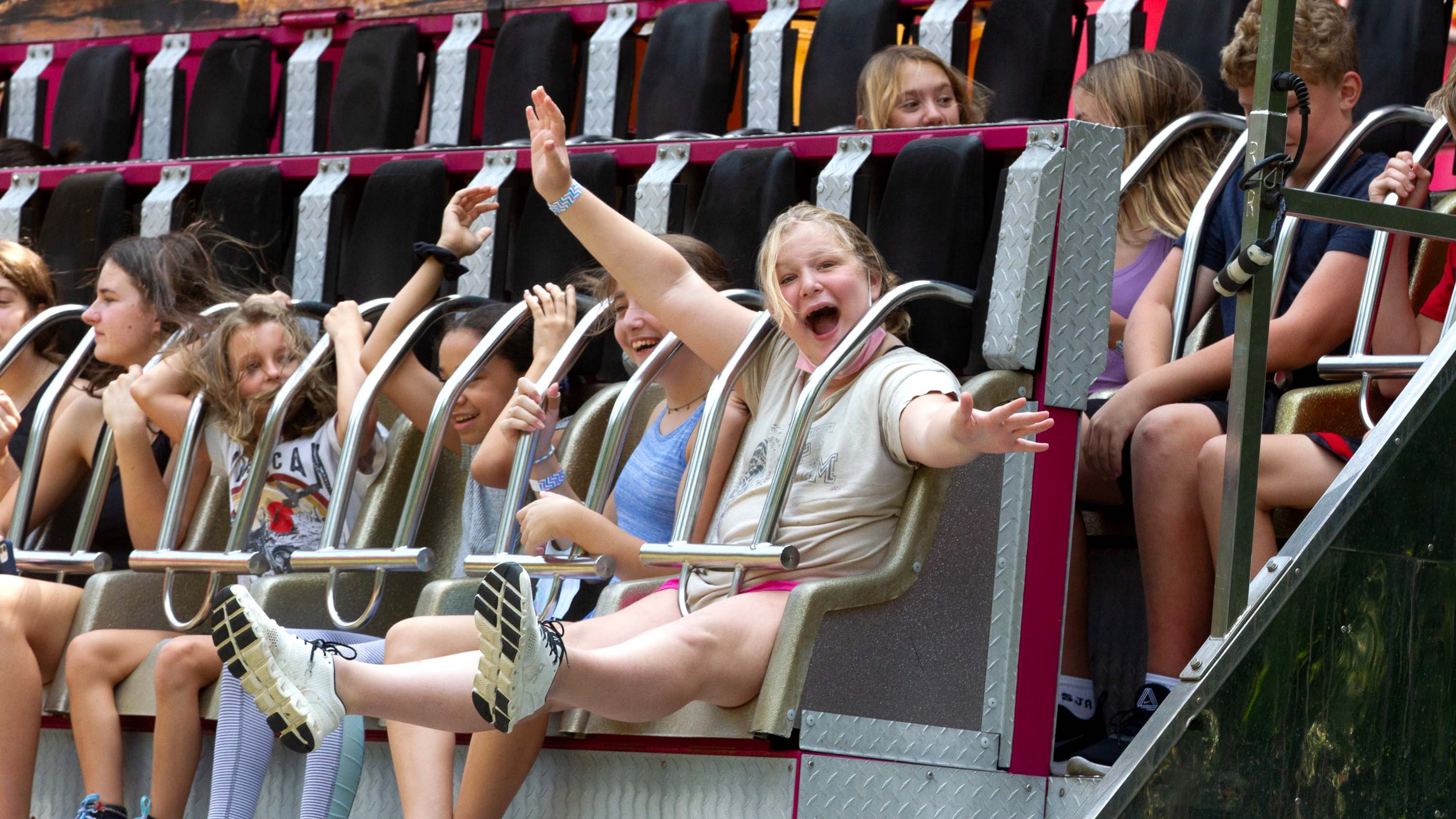 Kids have fun while riding one of the amusement rides during the Lemonade Days Festival in Dunwoody on Sunday, August 22, 2021. STEVE SCHAEFER FOR THE ATLANTA JOURNAL-CONSTITUTION