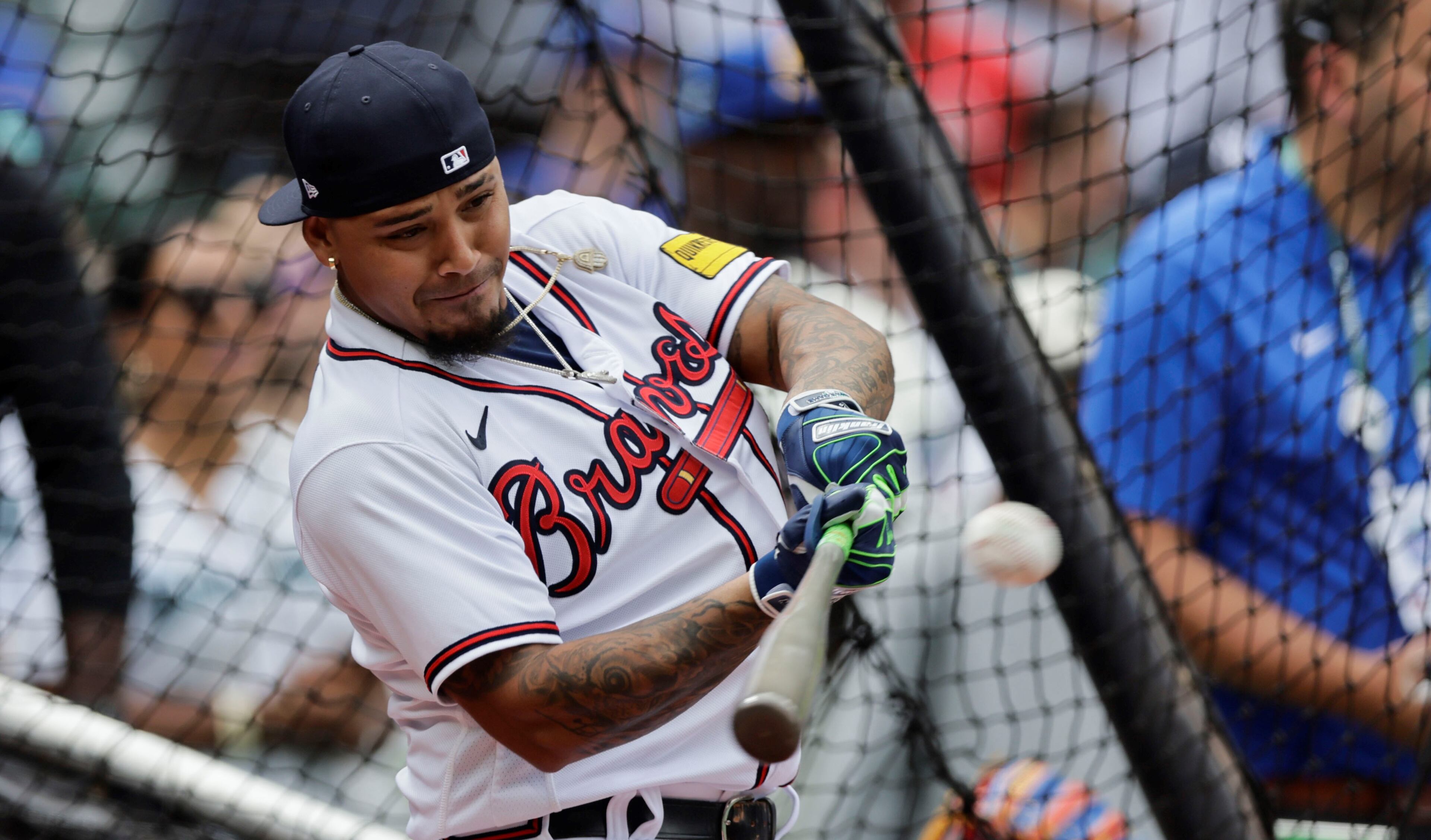 Orlando Arcia hits during batting practice before the MLB All-Star baseball Home Run Derby in Seattle, Monday, July 10, 2023. (AP Photo/John Froschauer)