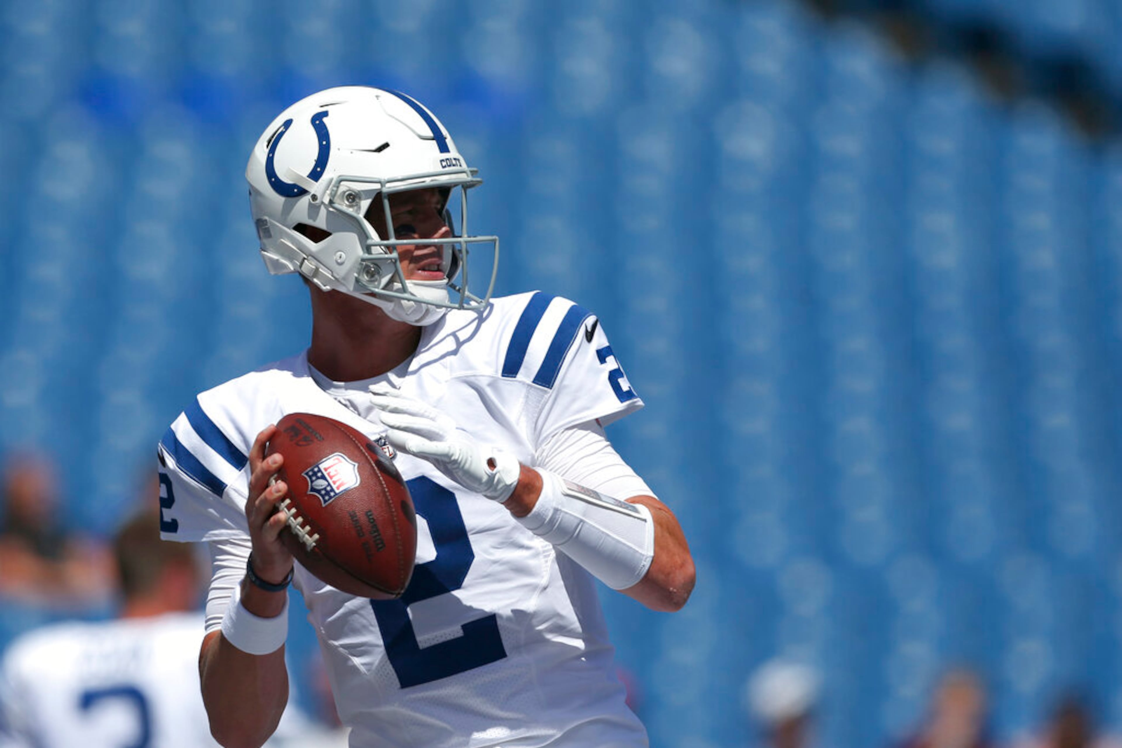 Indianapolis Colts quarterback Matt Ryan prior to a preseason NFL football game against the Buffalo Bills, Saturday, Aug. 13, 2022, in Orchard Park, N.Y. (AP Photo/Joshua Bessex)