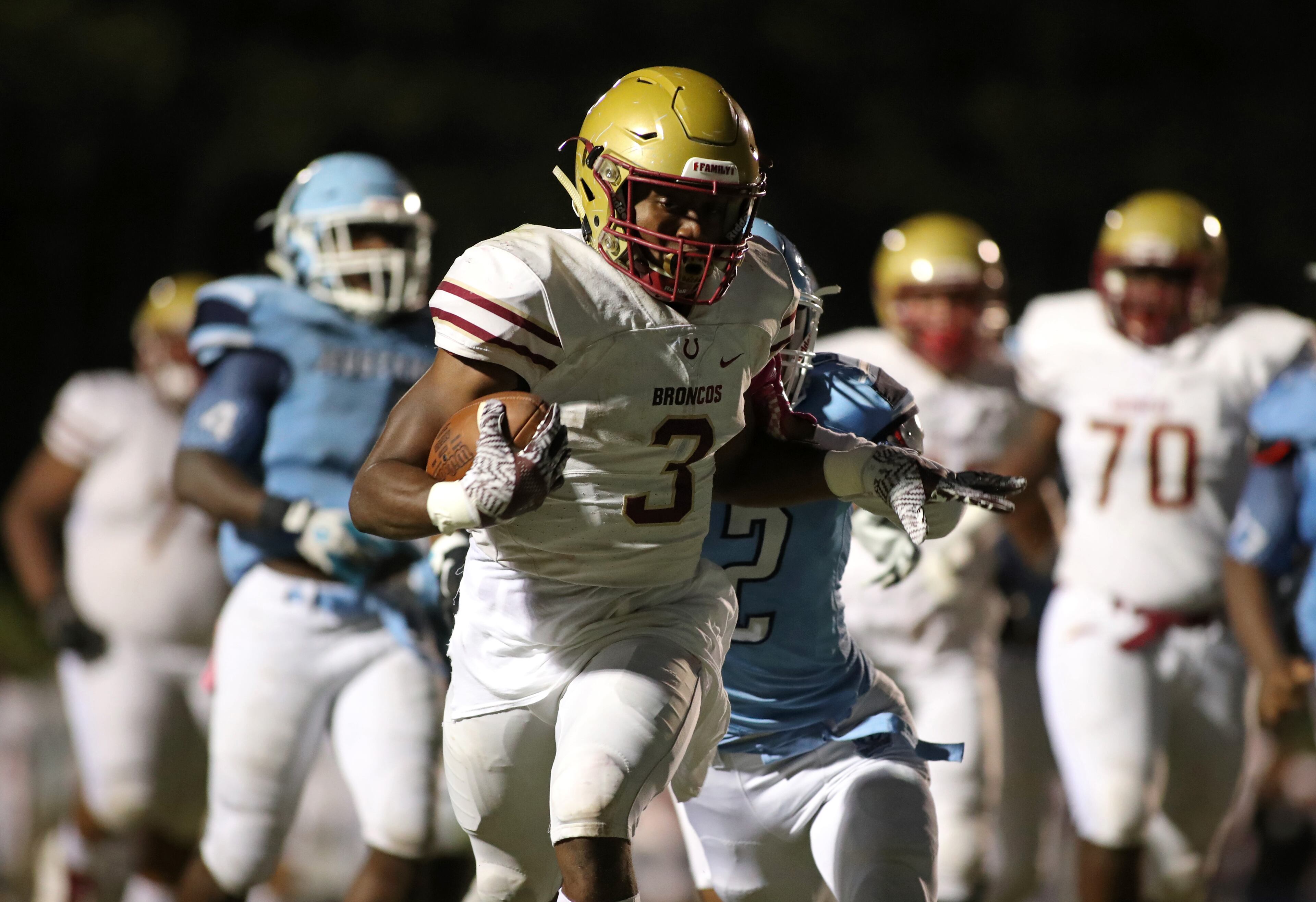October 6, 2017 - Norcross, Ga: Brookwood running back Dante Black (3) scores a rushing touchdown in the first half against Meadowcreek at Meadowcreek High School Friday, October 6, 2017, in Norcross, Ga. PHOTO / JASON GETZ
