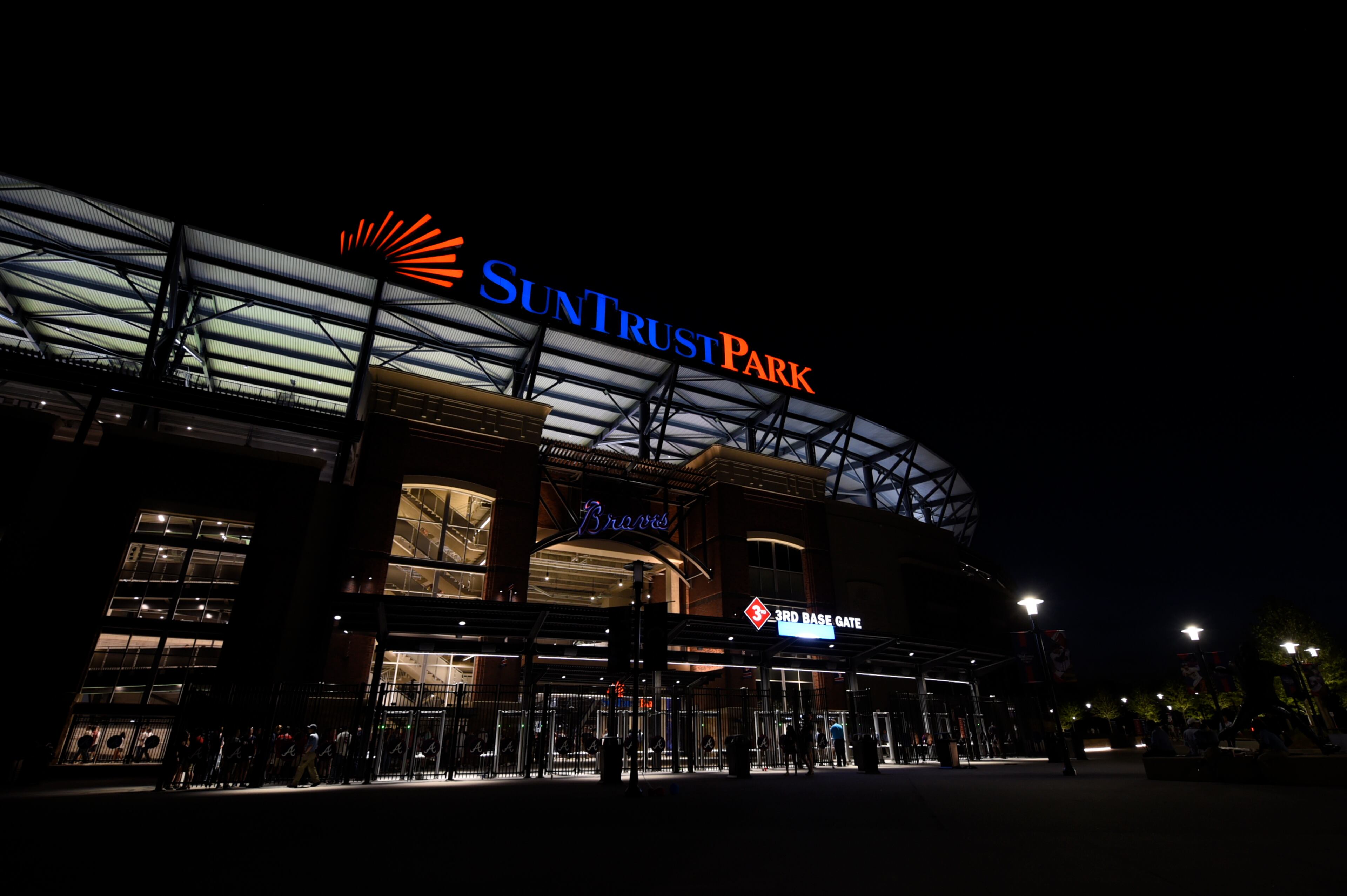 The exterior of the new SunTrust Park after dark Friday. The Braves hosted the Padres in the first regular-season game at the Cobb County ballpark.