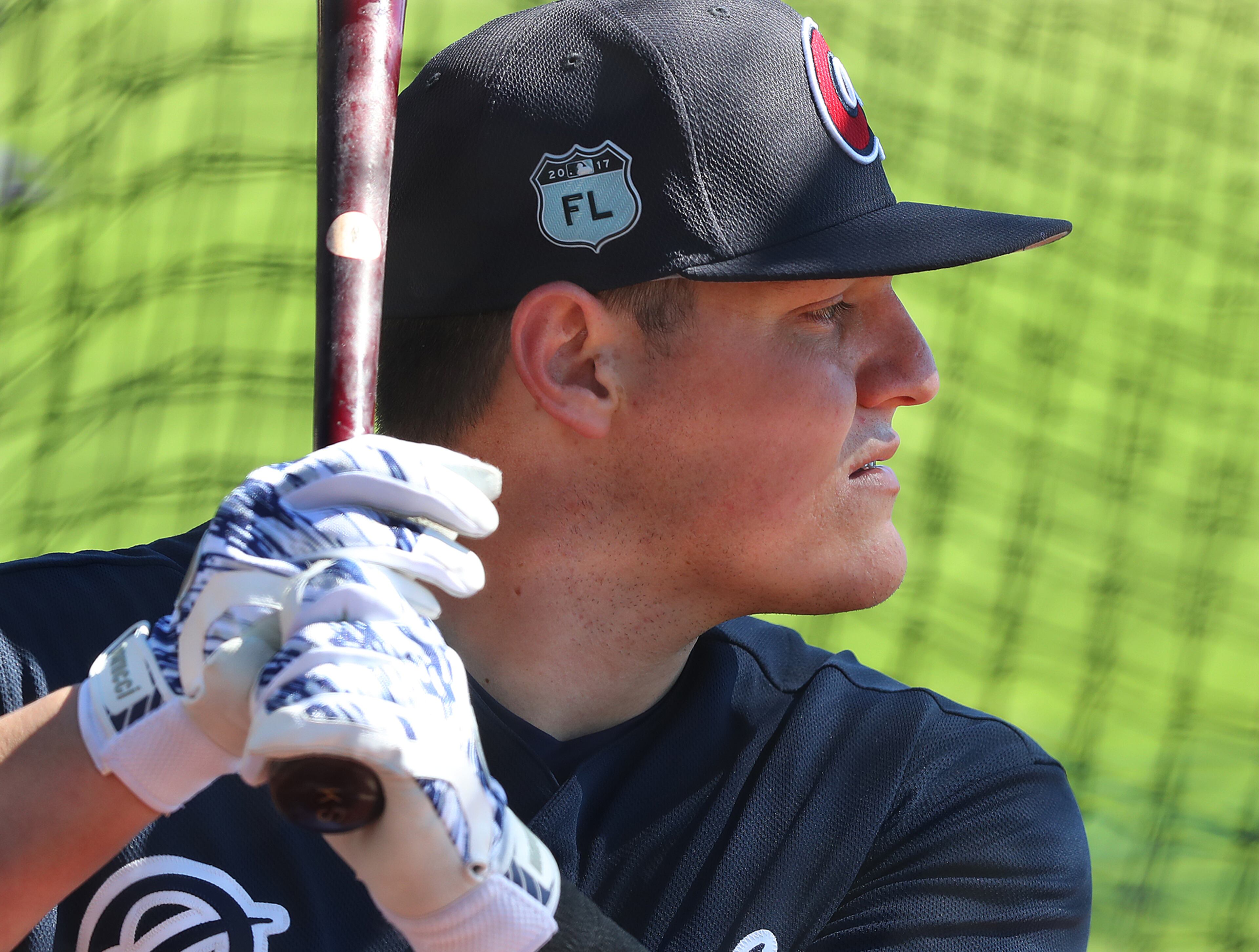 February 16, 2017, Lake Buena Vista, FL: Braves catcher Kade Scivicque takes batting practice at Champion Stadium on Thursday Feb. 16, 2017, at the ESPN Wide World of Sports in Lake Buena Vista. Curtis Compton/ccompton@ajc.com