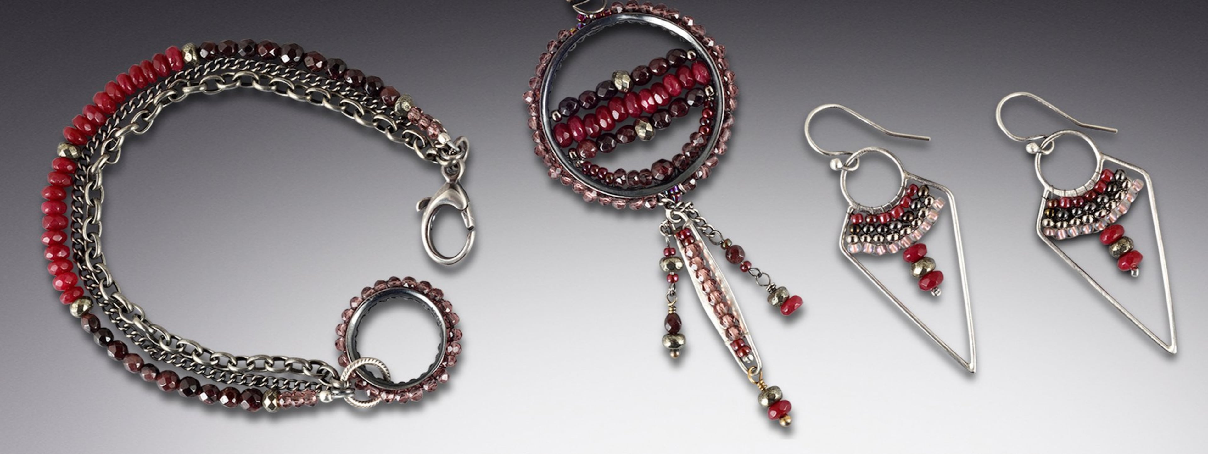 In one of her collections, Georgia jewelry artist Karin Slaton begins with a classic geometric shape and uses traditional bead weaving techniques to add color and sparkle with glass and metal seed beads, gemstones and crystals.