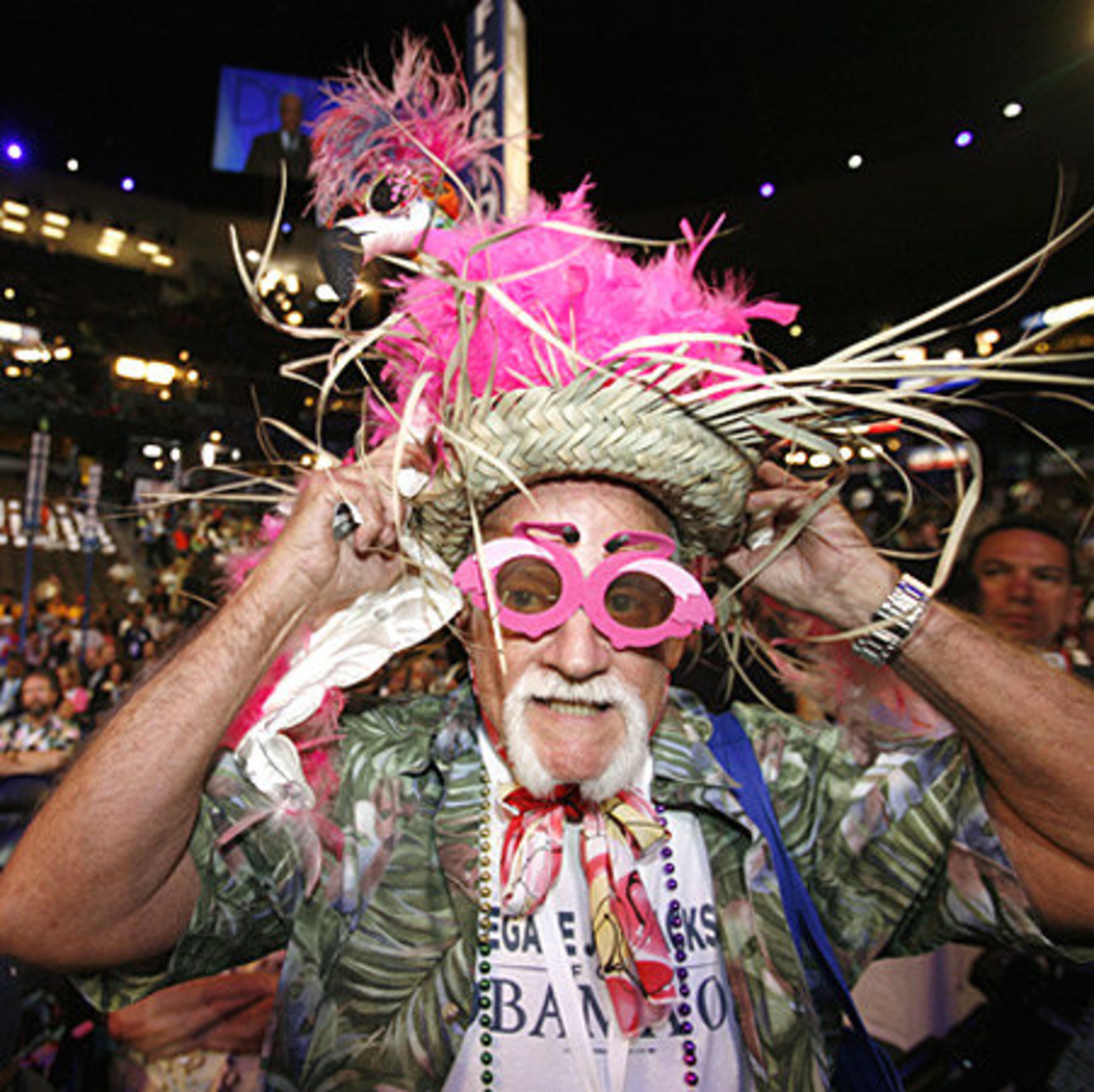 Delegate Jim Jackson of St. Petersburg, Fla., adjusts his hat to the perfect angle.