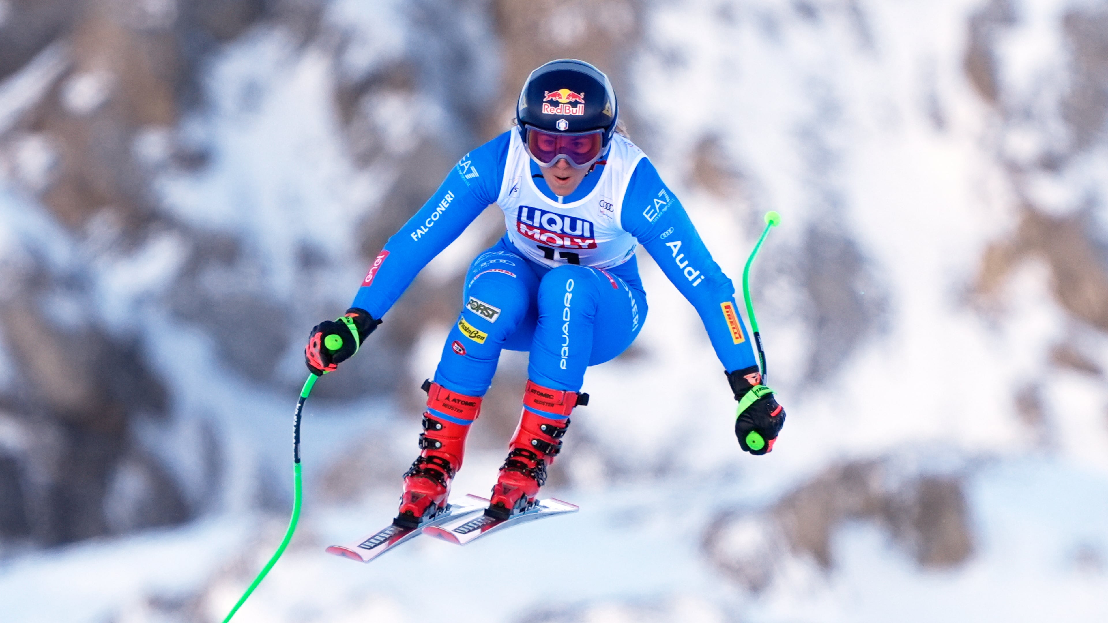 Italy's Sofia Goggia speeds down the course during an alpine ski, women's World Cup downhill training, in Val D'Isere, France, Friday, Dec.19, 2025. (AP Photo/Giovanni Auletta)