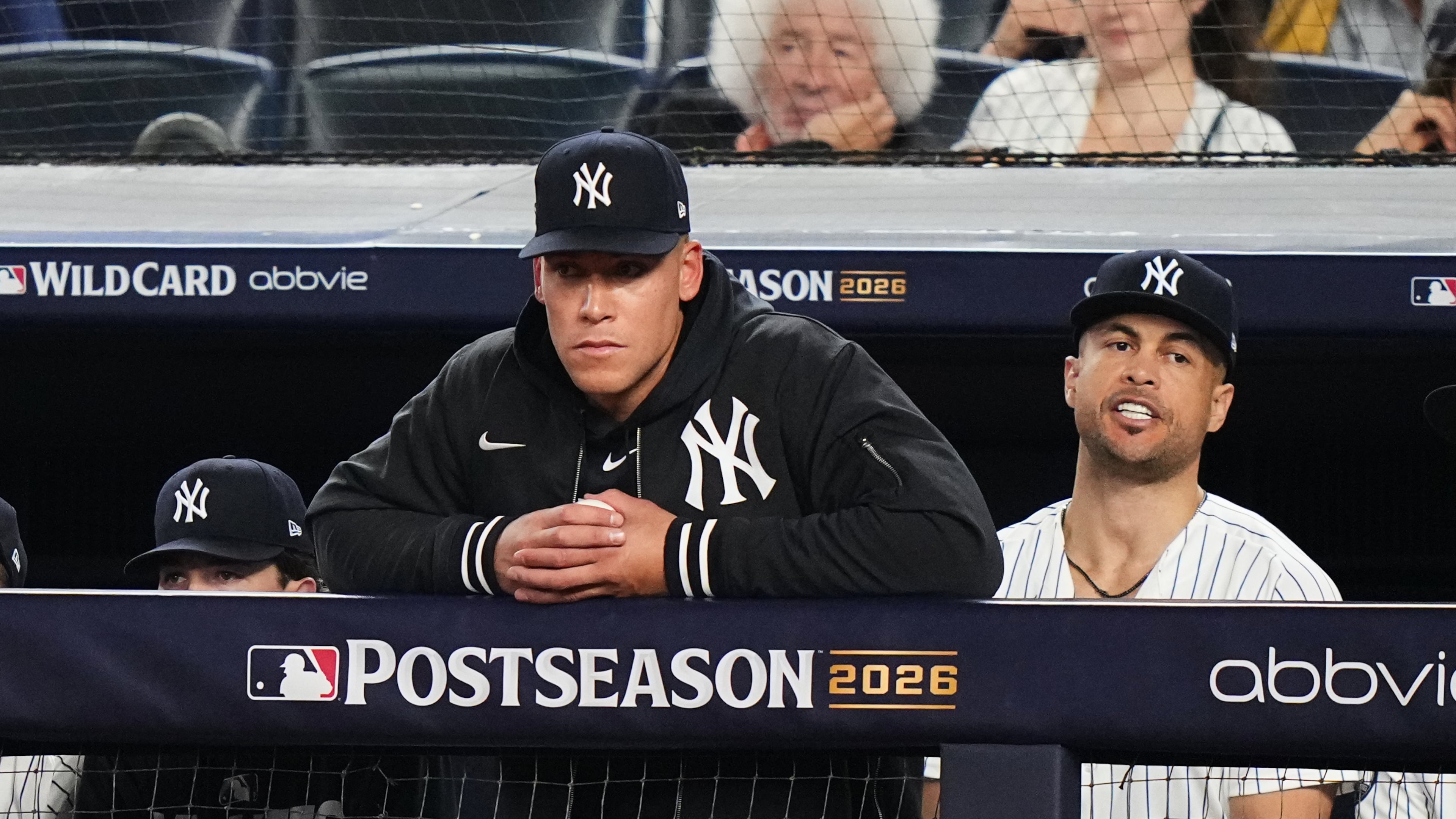 New York Yankees' Aaron Judge, left, and Giancarlo Stanton, right, watch from the dugout during the ninth inning against the Boston Red Sox in Game 2 of baseball's American League Wild Card Series, Wednesday, Sept. 30, 2026, in New York. (AP Photo/Frank Franklin II)