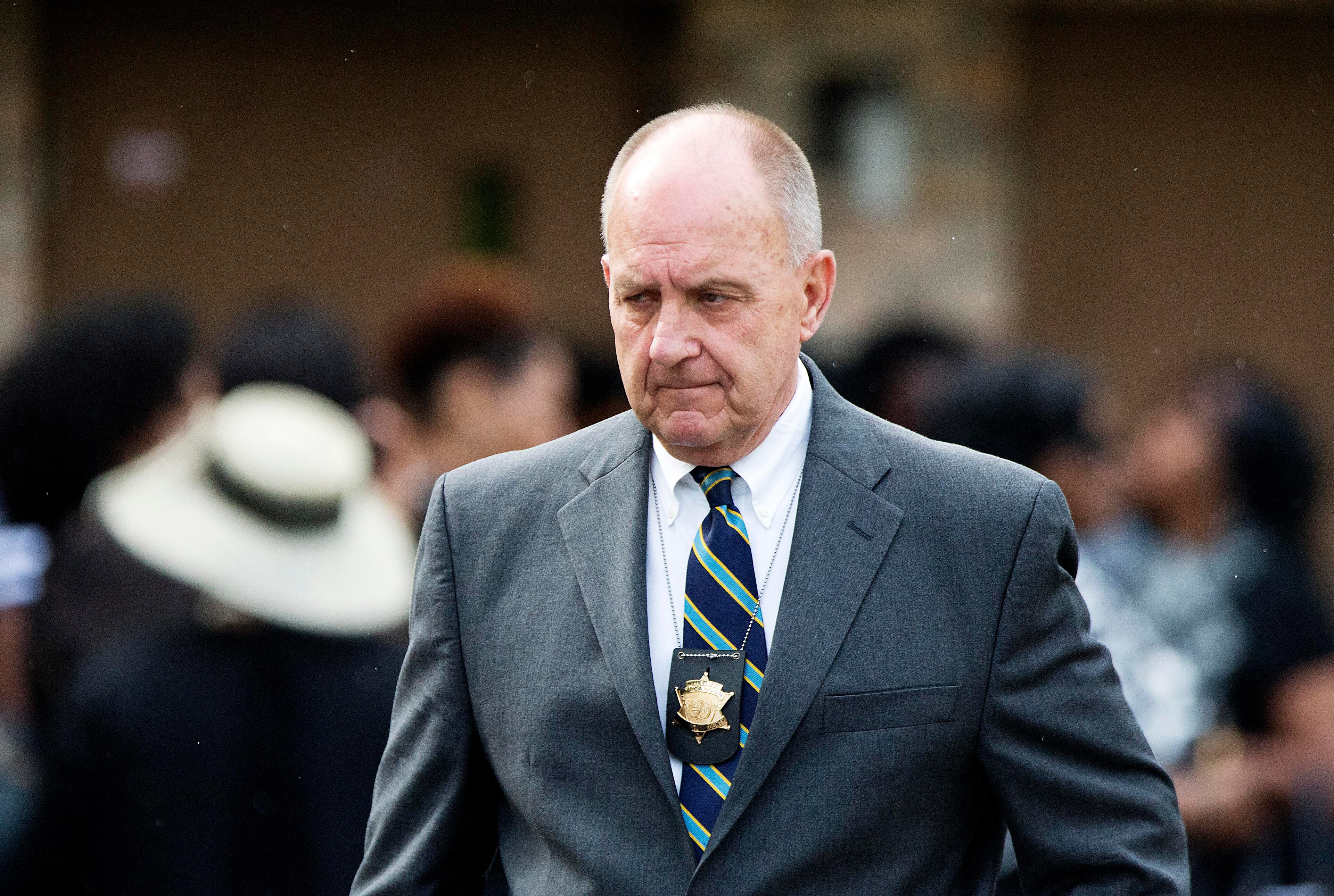 Charleston County Sheriff Al Cannon arrives for the funeral of Walter Scott at W.O.R.D. Ministries Christian Center, Saturday, April 11, 2015, in Summerville, S.C. Scott was killed by a North Charleston police officer after a traffic Saturday, April 4, 2015. The officer, Michael Thomas Slager, has been charged with murder. (AP Photo/David Goldman)