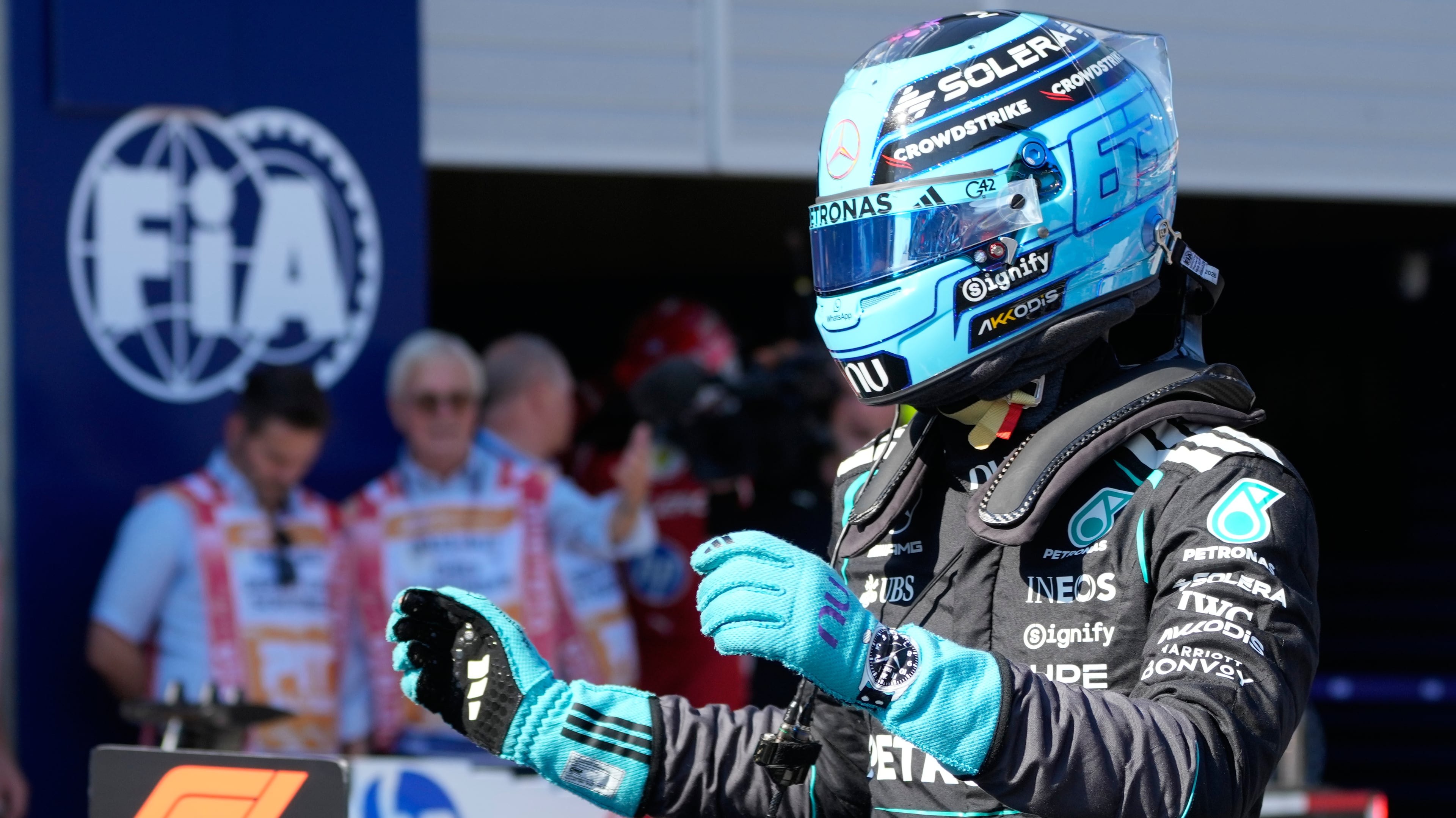 Mercedes driver George Russell of Britain reacts at the end of the qualifying session ahead of the Austrian F1 Grand Prix, in Spielberg, Austria, Saturday, June 27, 2026. (AP Photo/Darko Bandic)