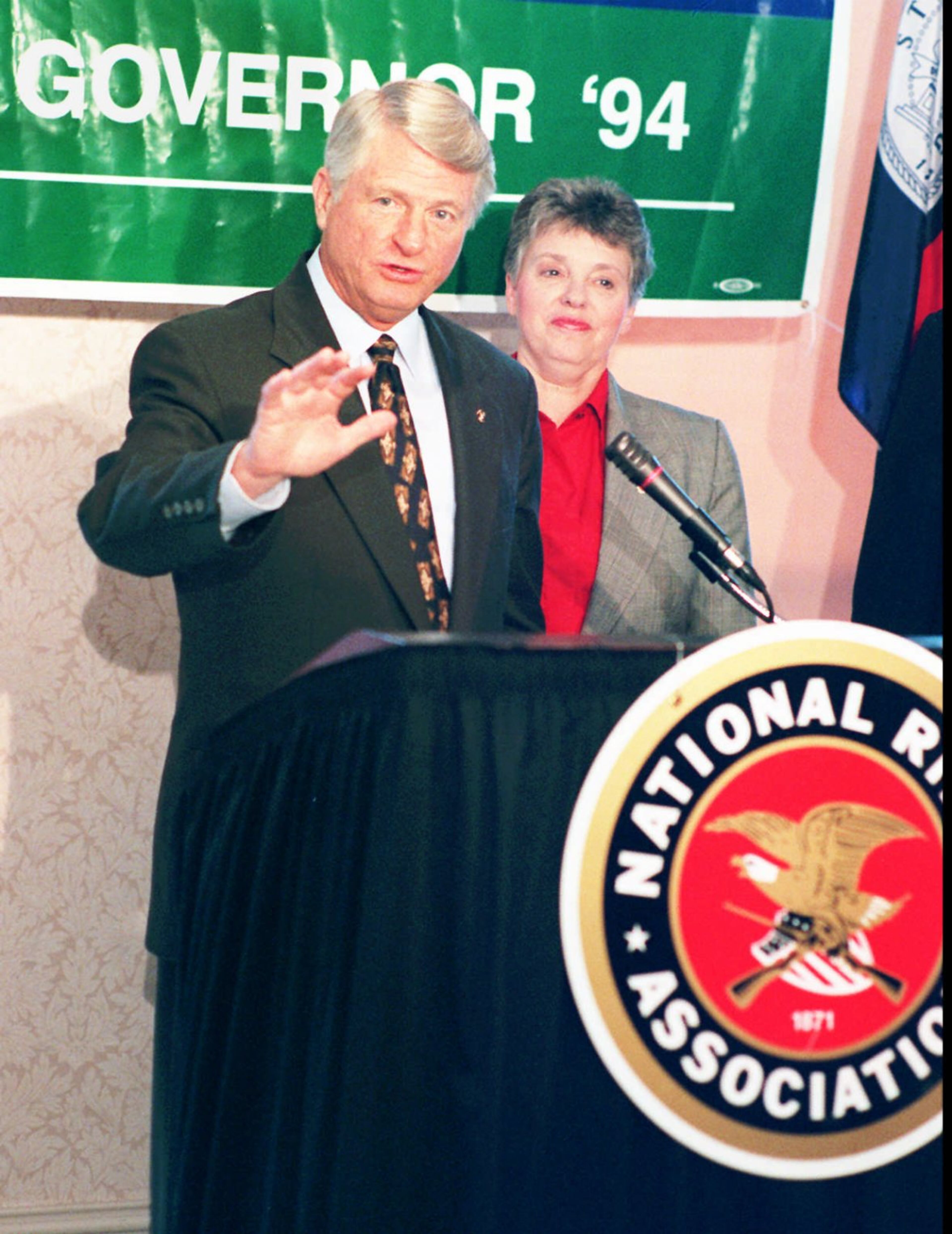 Georgia Gov Zell Miller speaks during a press conference in Augusta Ga Thursday morning Oct 20 1994 where the National Rifle Association endorsed him for the upcoming gubernatorial race The NRA s chief lobbyist Tankya K Metaksa is seen at left The NRA praised Miller s anti crime stance and his two strikes and you re out law AP Photo The Augusta Chronicle Margaret Sellers