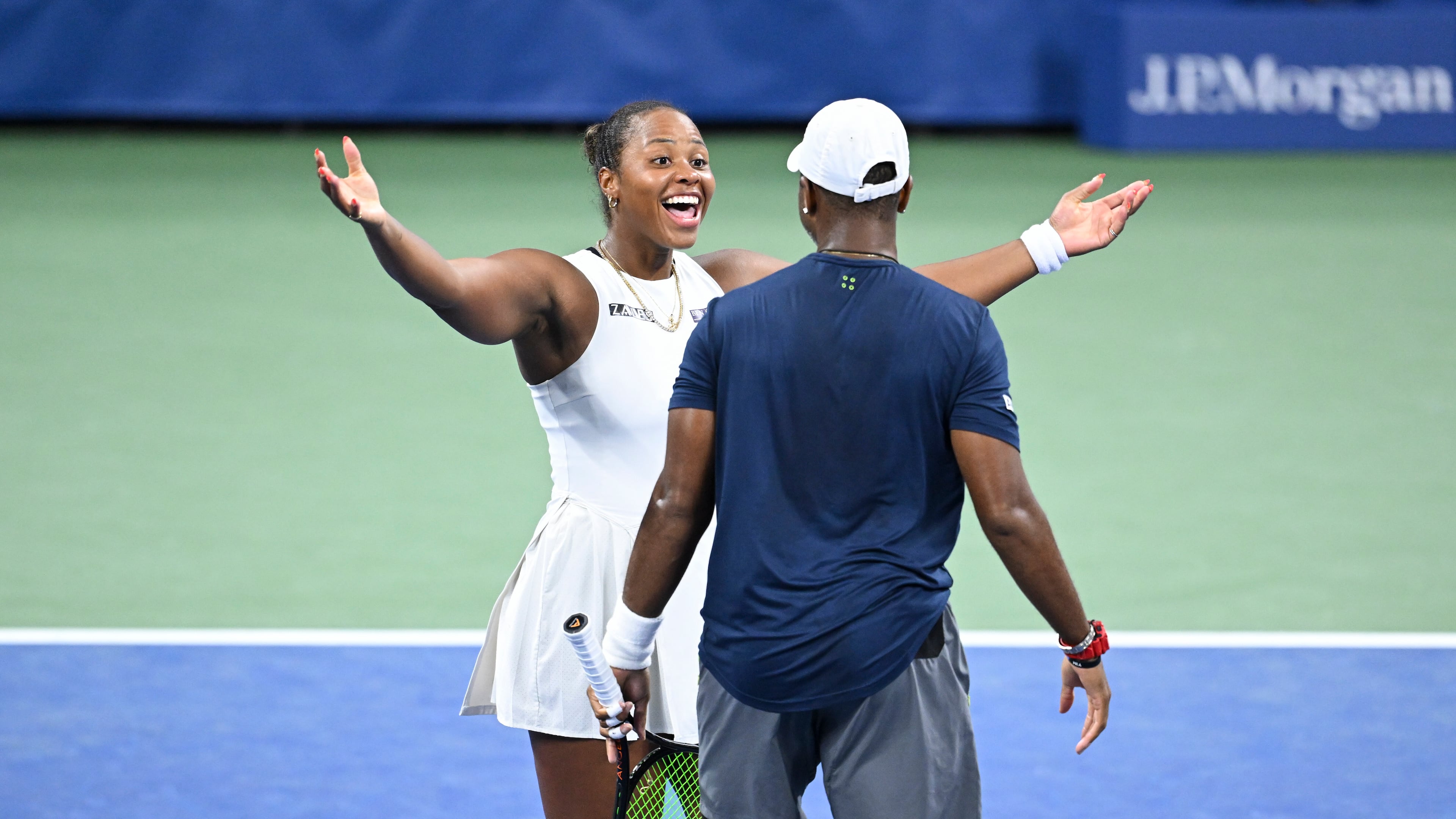 Taylor Townsend and Donald Young hug after their mixed doubles semifinal match at the 2024 US Open on Tuesday, Sept. 3, 2024 in Flushing, NY.