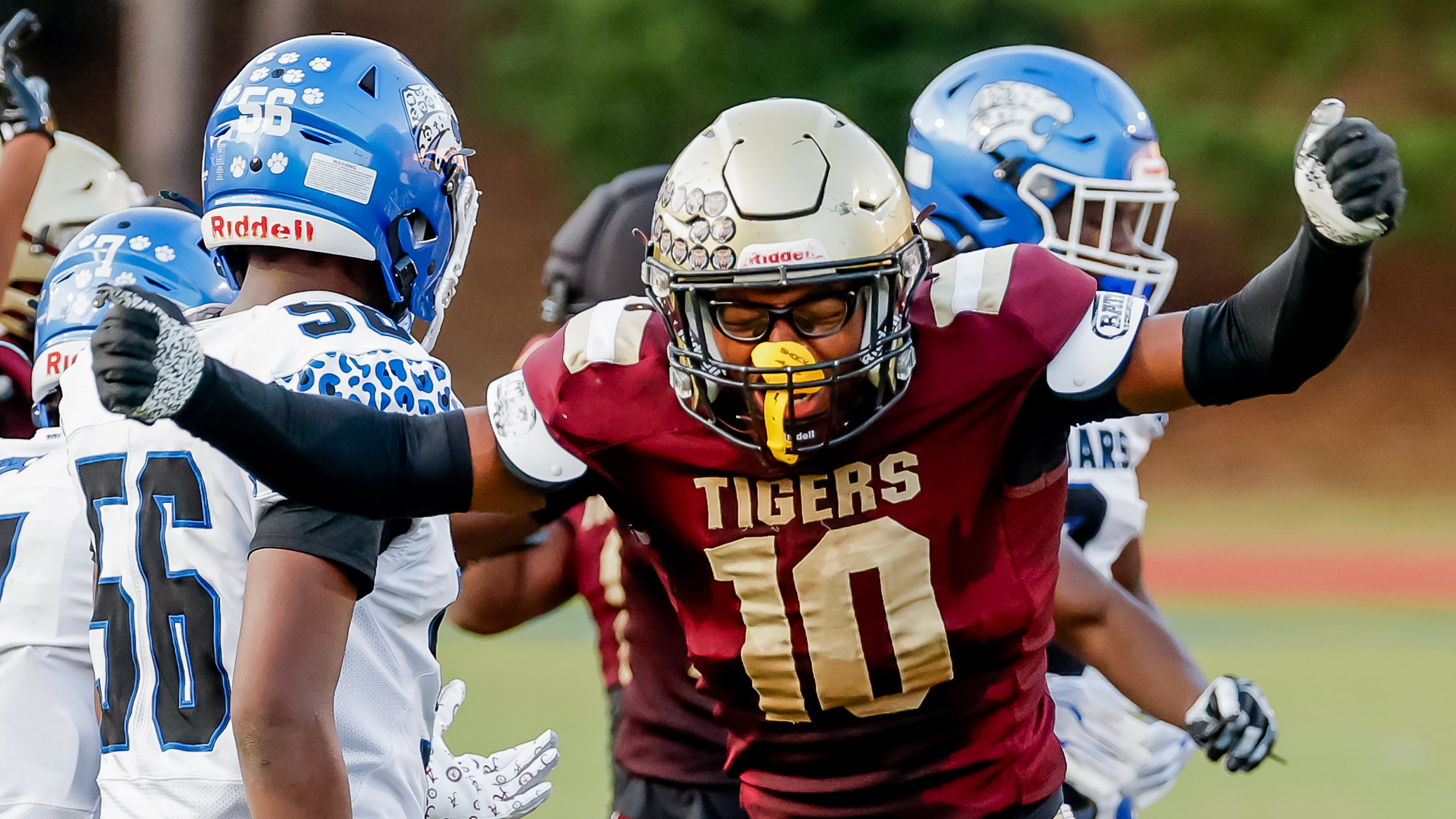 Tucker defender Samuel Bryant celebrates his sack of Stephenson quarterback Zabrian Boler during the first half a high school football game between Tucker and Stephenson at Haliford Stadium, Friday, Sept. 4, 2026, in Clarkston, GA. (Erik S. Lesser for the AJC)