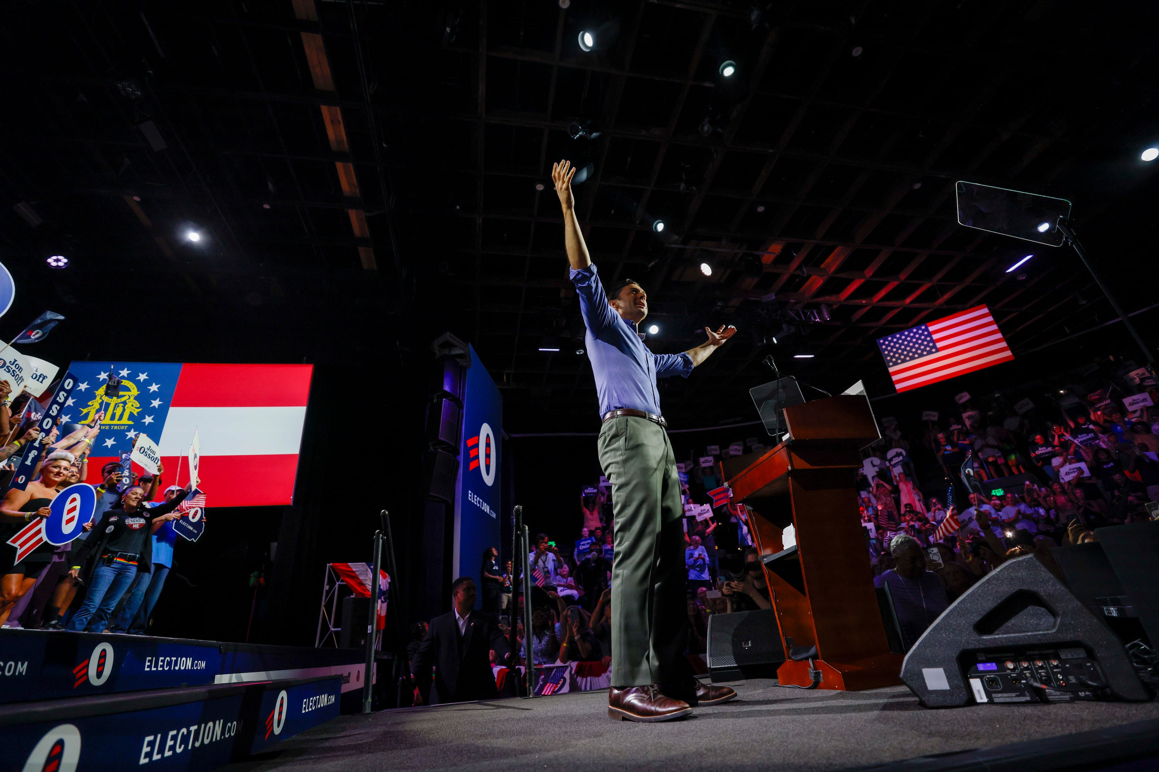 U.S. Sen. Jon Ossoff greets supporters as he takes the stage at his campaign rally at the Center Stage Theater in Atlanta last month.
(Miguel Martinez/AJC)