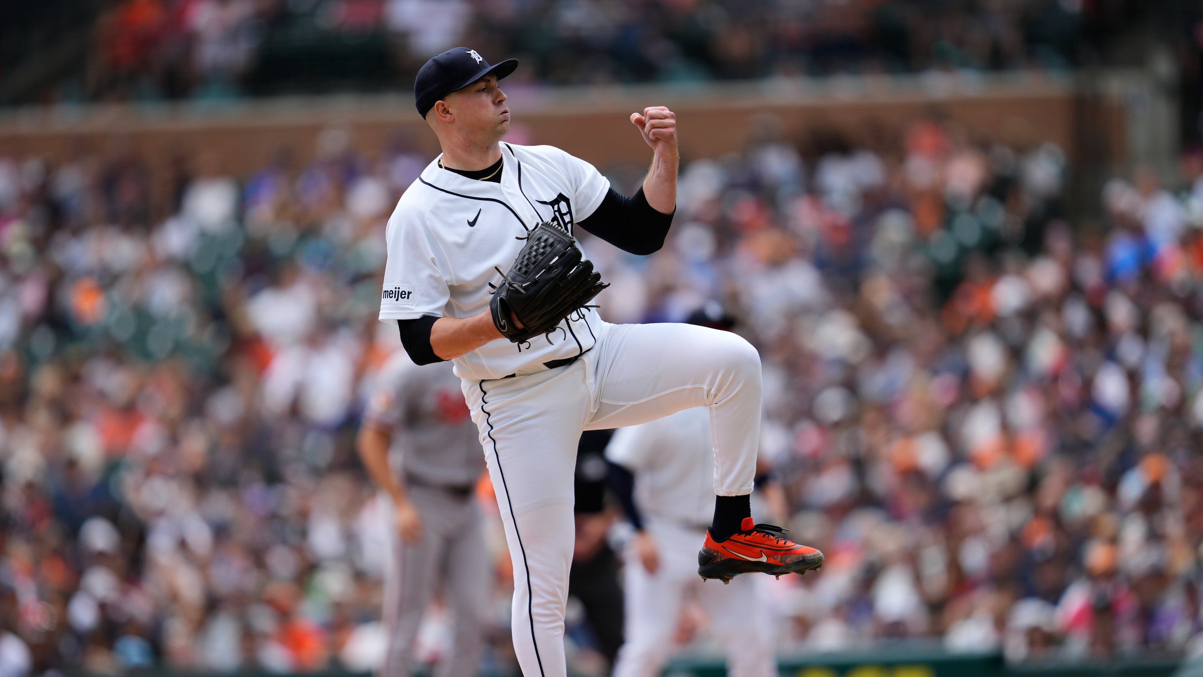 Detroit Tigers pitcher Tarik Skubal reacts to a pitch during the seventh inning of a baseball game against the Baltimore Orioles Wednesday, July 29, 2026, in Detroit. (AP Photo/Paul Sancya)