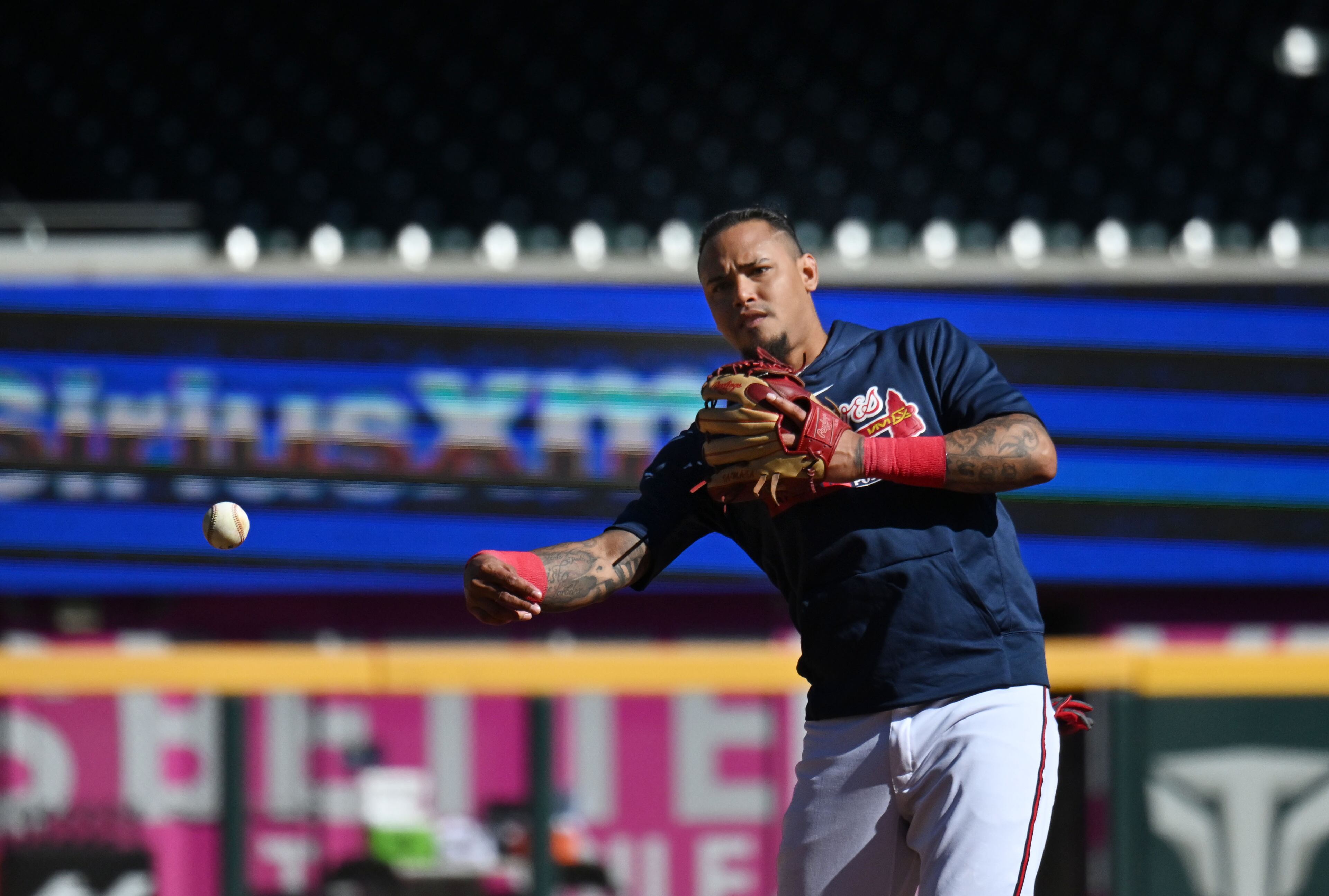 Atlanta Braves shortstop Orlando Arcia (11) works out prior to Game 2 of the 2023 National League Division Series at Truist Park, Monday, October 9, 2023, in Atlanta. (Hyosub Shin / Hyosub.Shin@ajc.com)