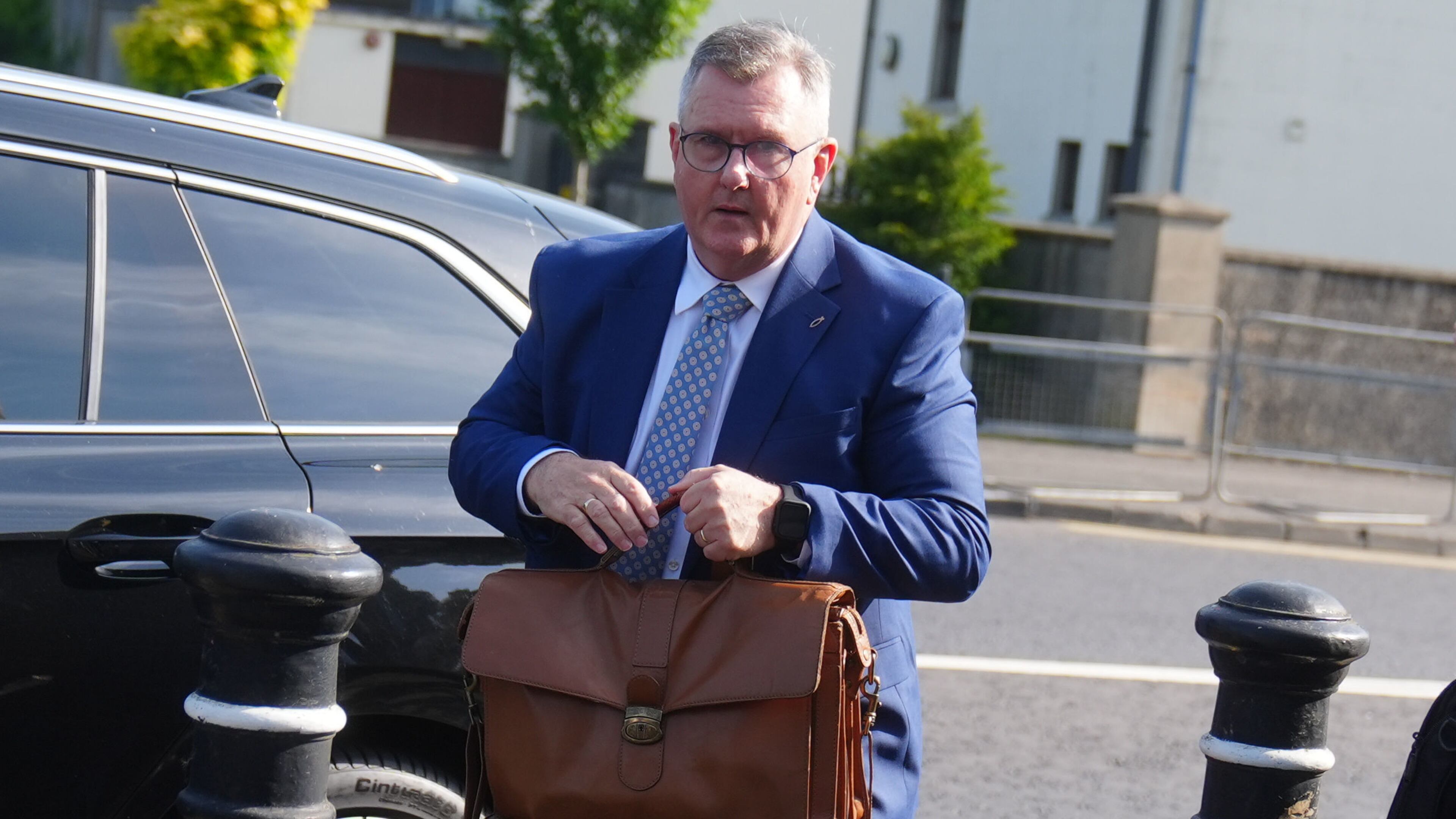 FILE - Jeffrey Donaldson arrives at Newry Crown Court, England, on May 27, 2026. (Brian Lawless/PA via AP)