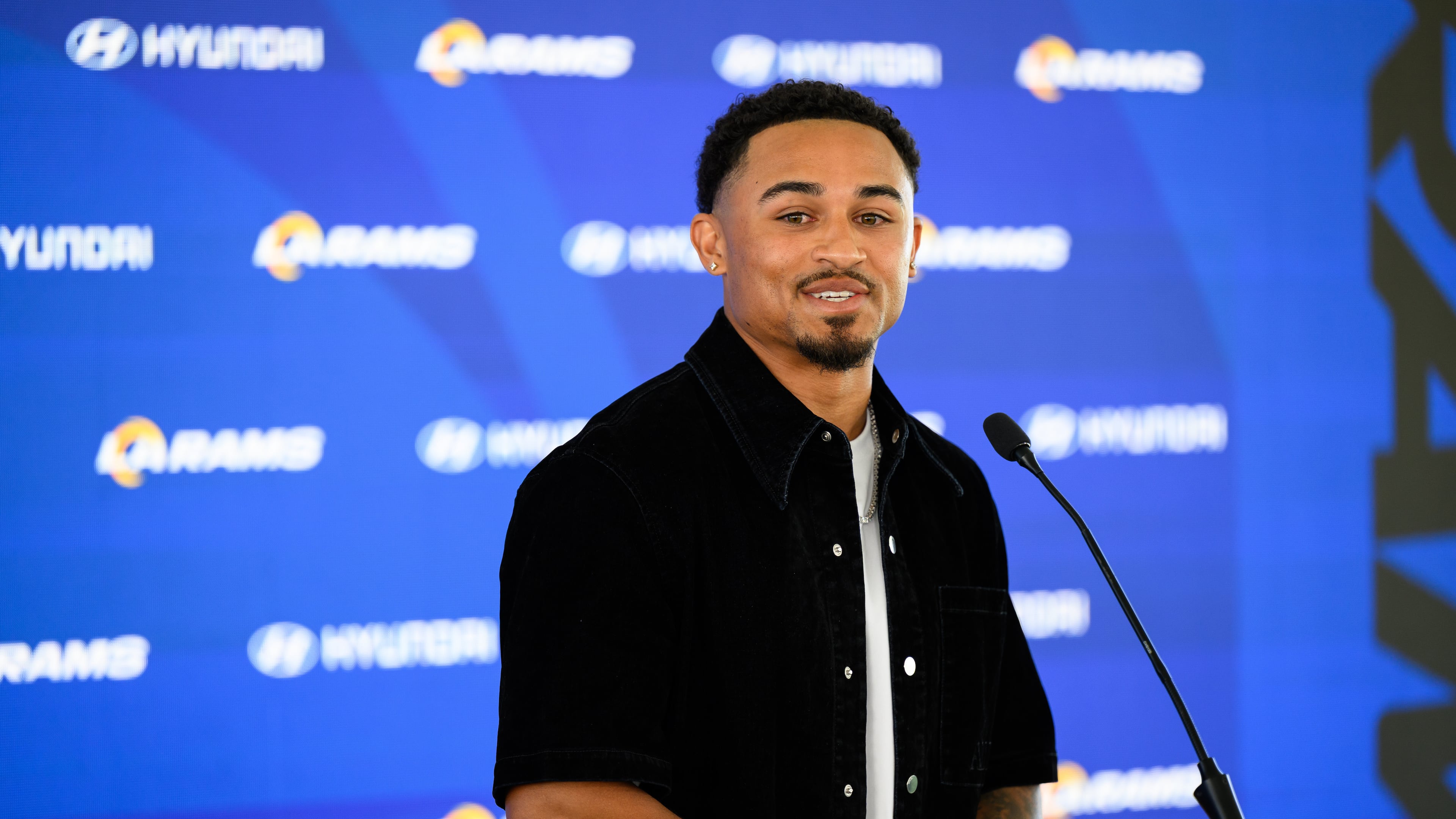 Los Angeles Rams' new cornerback Trent McDuffie speaks during an NFL football news conference, Thursday, March 12, 2026, in Los Angeles. (AP Photo/William Liang)