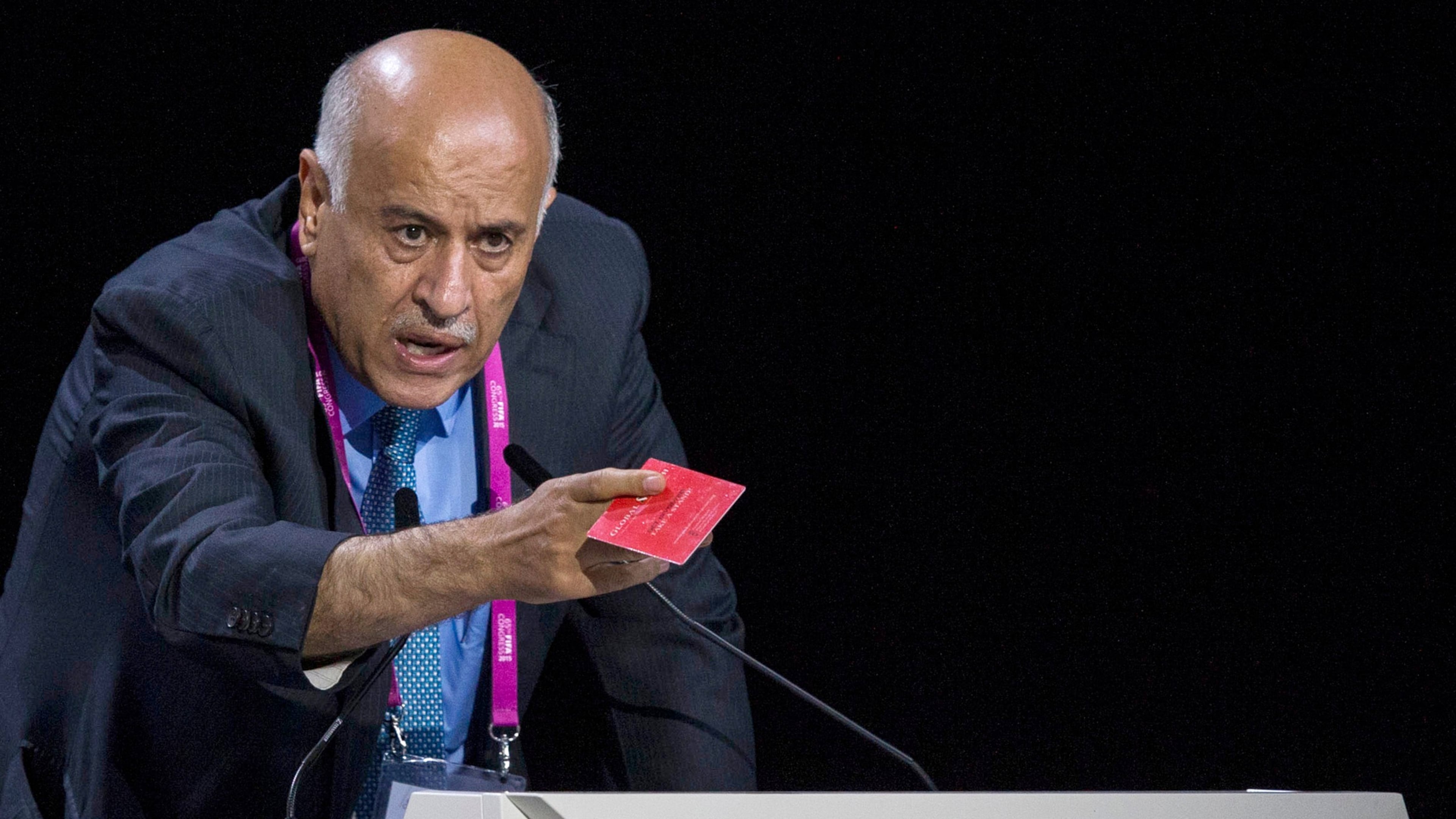 FILE - Jibril Rajoub, president of the Palestinian Football Association speaks during the 65th FIFA Congress held at the Hallenstadion in Zurich, Switzerland, Friday, May 29, 2015. (Patrick B. Kraemer/Keystone via AP, File)
