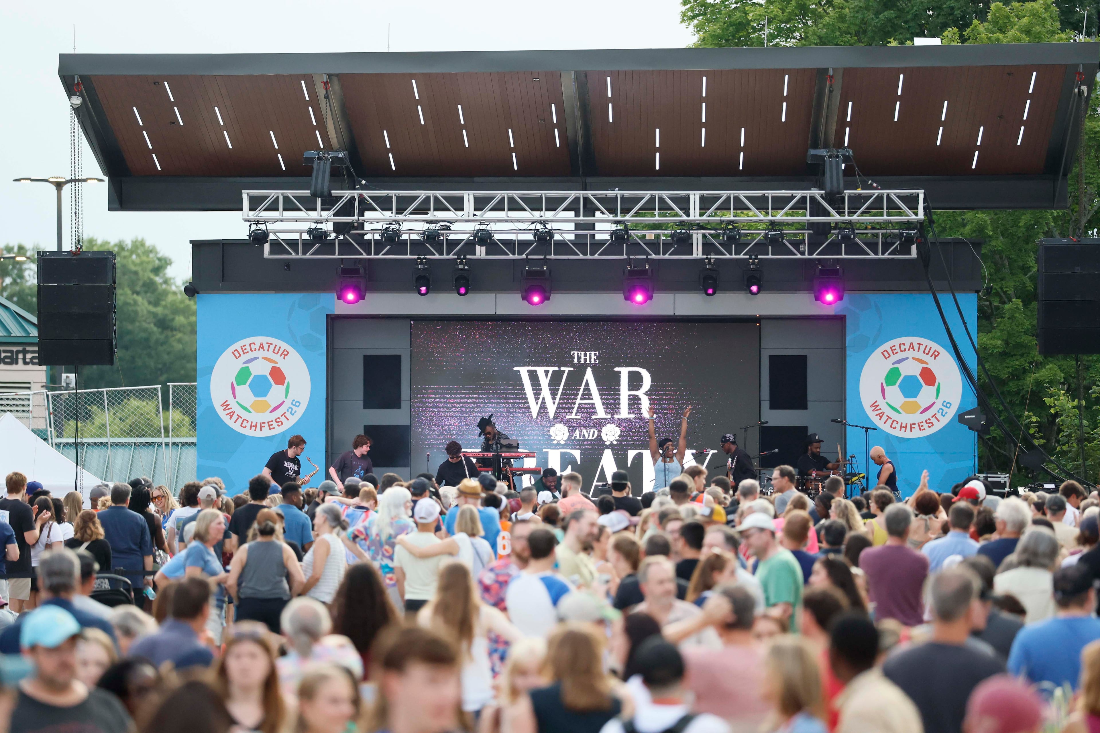 A crowd packs Decatur Square to see the War and Treaty perform during Decatur WatchFest ’26 on Thursday, June 25, 2026. (Miguel Martinez/AJC)