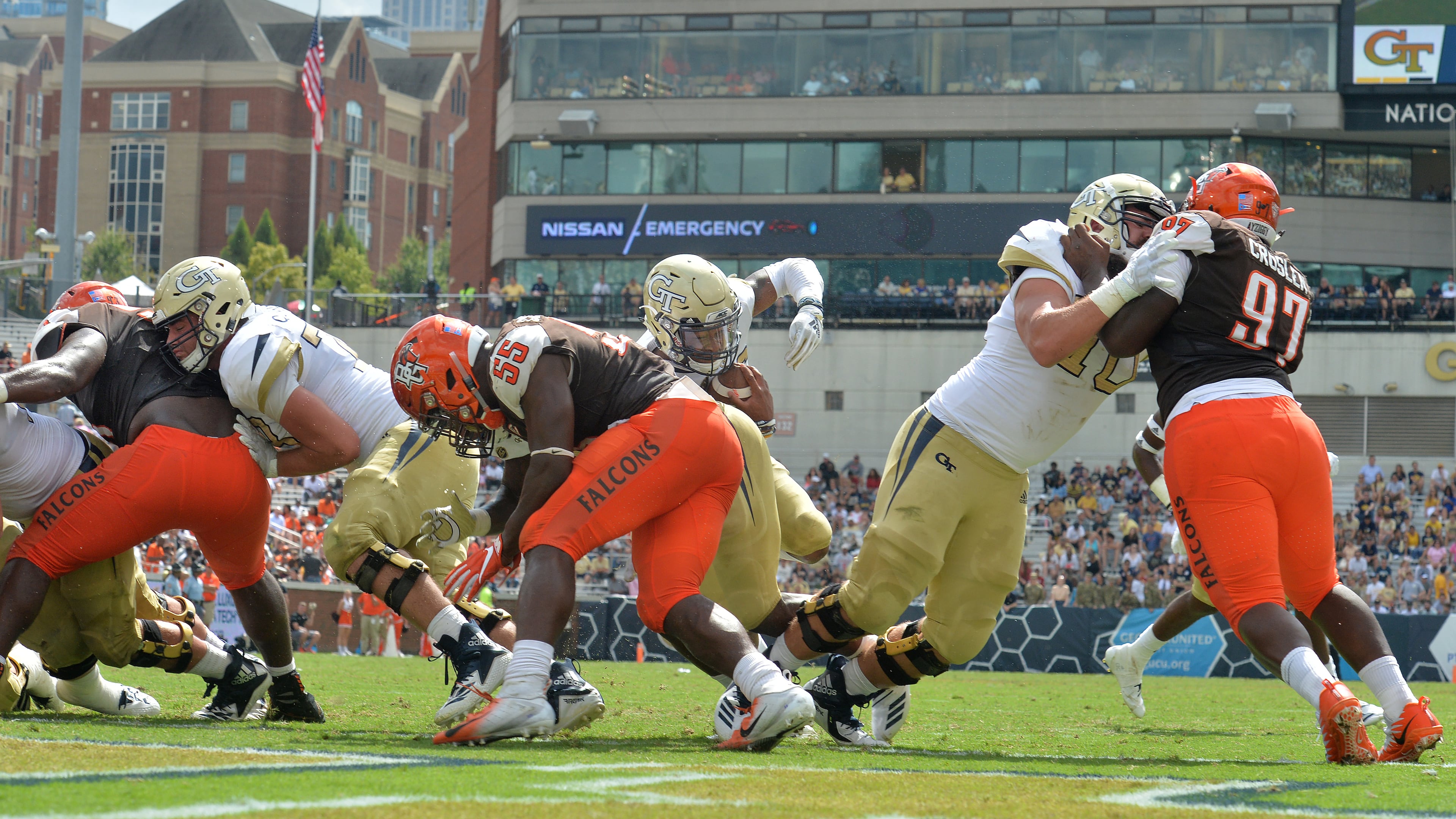 September 29, 2018 Atlanta - Georgia Tech quarterback TaQuon Marshall (16) dives into the endzone for a touchdown in the first half at Bobby Dodd Stadium on Saturday, September 29, 2018. HYOSUB SHIN / HSHIN@AJC.COM