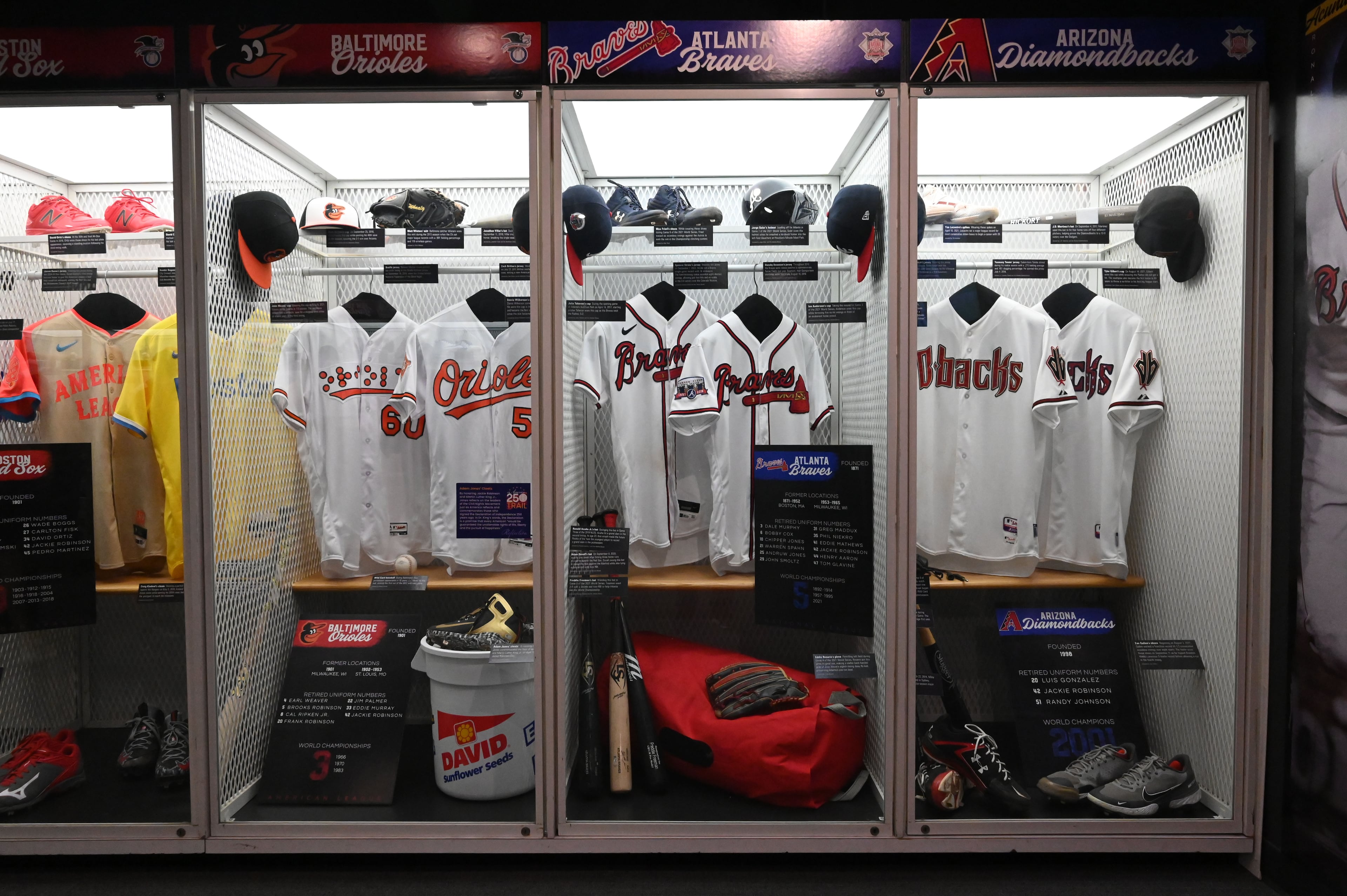 Atlanta Braves locker room displays are shown at the National Baseball Hall of Fame and Museum on Friday, July 24, 2026, in Cooperstown, N.Y. Andruw Jones will be inducted into the National Baseball Hall of Fame on Sunday as part of the Class of 2026, alongside Carlos Beltrán and Jeff Kent. He is recognized as one of the greatest center fielders in baseball history. Jones will become the 12th player with ties to the Atlanta Braves to be inducted into the Hall of Fame. (Hyosub Shin/AJC)
