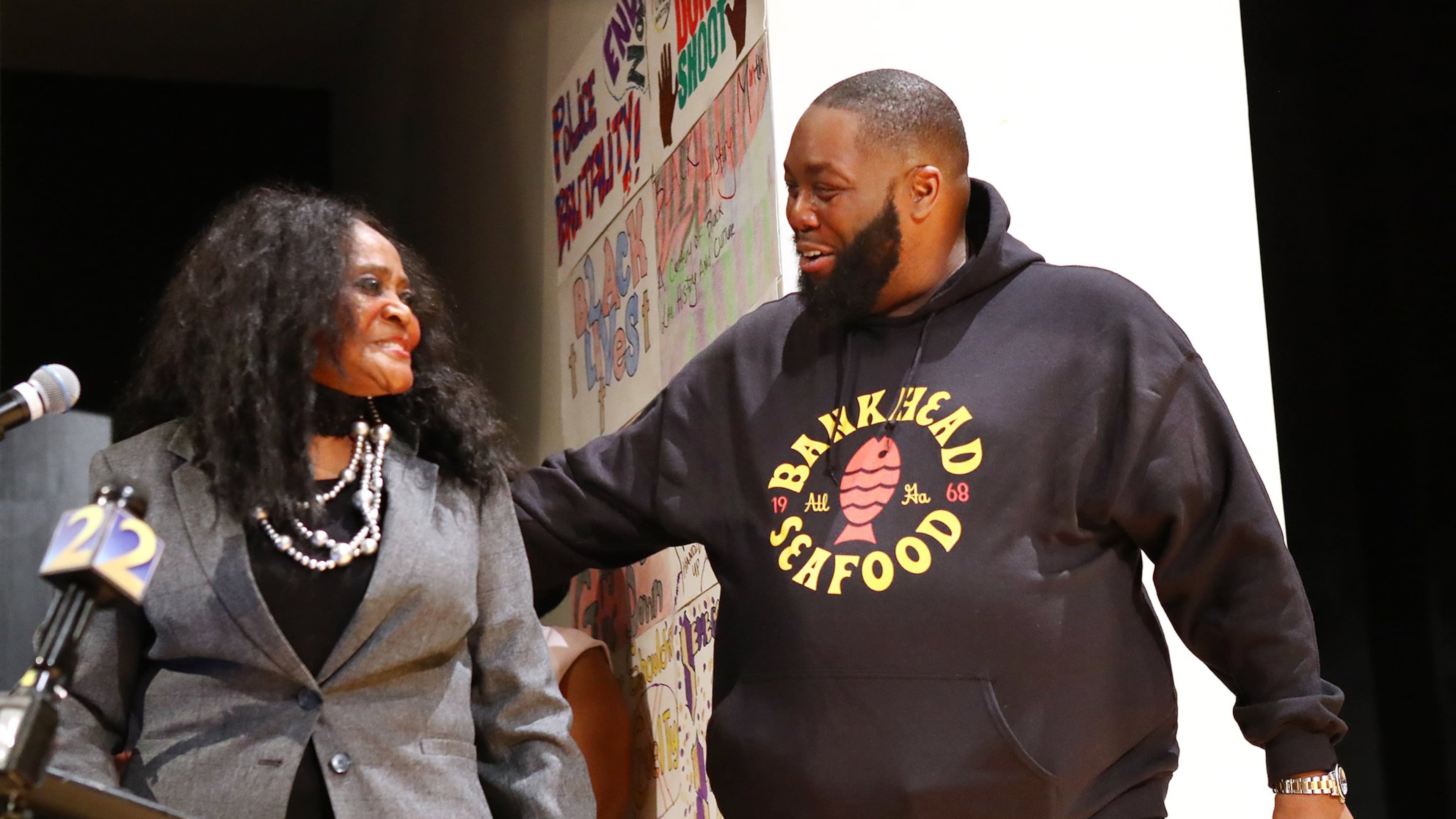 During his kickoff event for Bankhead Seafood, Michael Render (aka Killer Mike) introduces former owner Helen Brown Harden while speaking Thursday, Feb. 27, 2020, at his alma mater Frederick Douglass High School in Atlanta. CURTIS COMPTON / CCOMPTON@AJC.COM