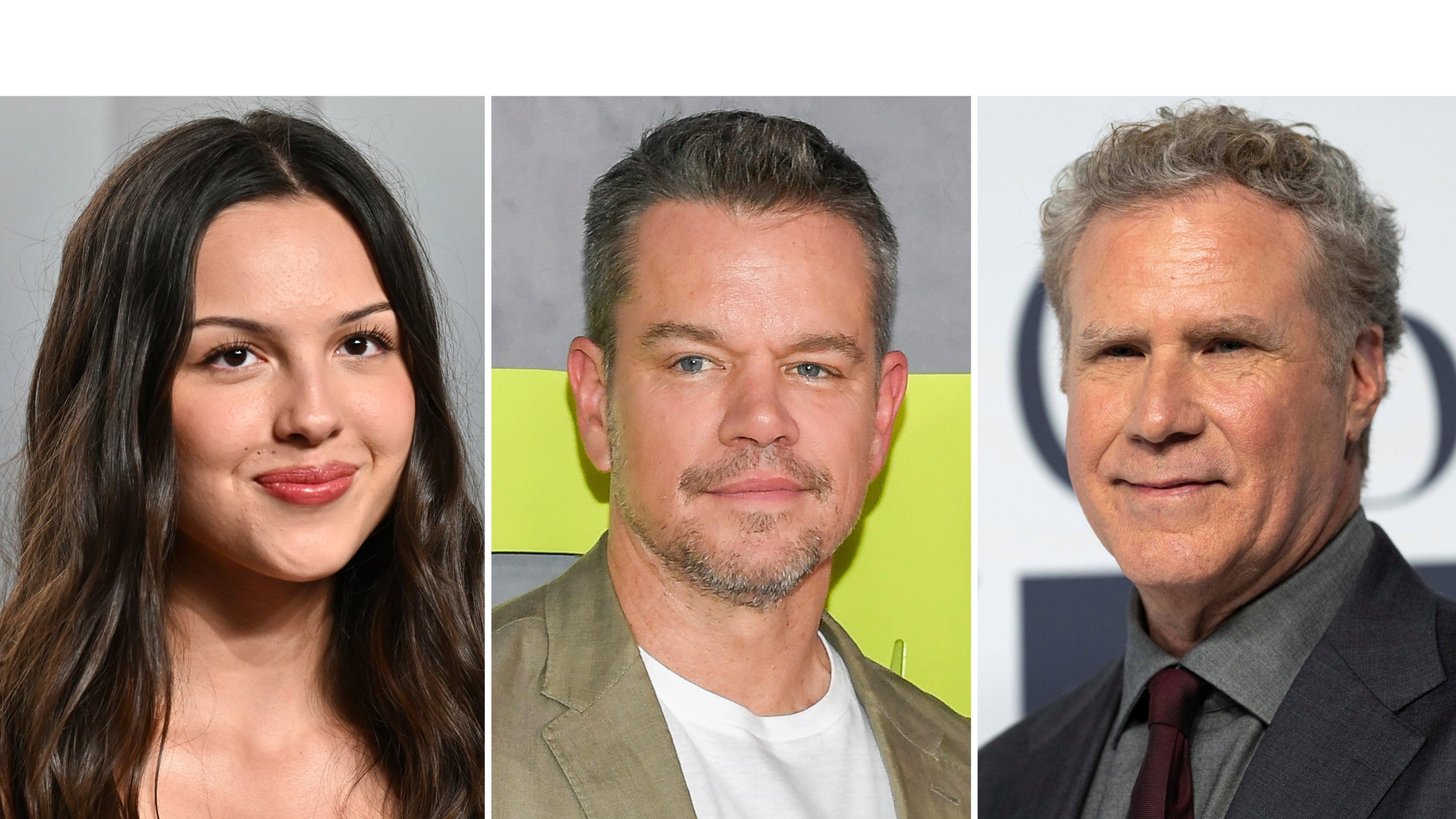 This combination of images shows Olivia Rodrigo, from left, Matt Damon, and Will Ferrell. (AP Photo)