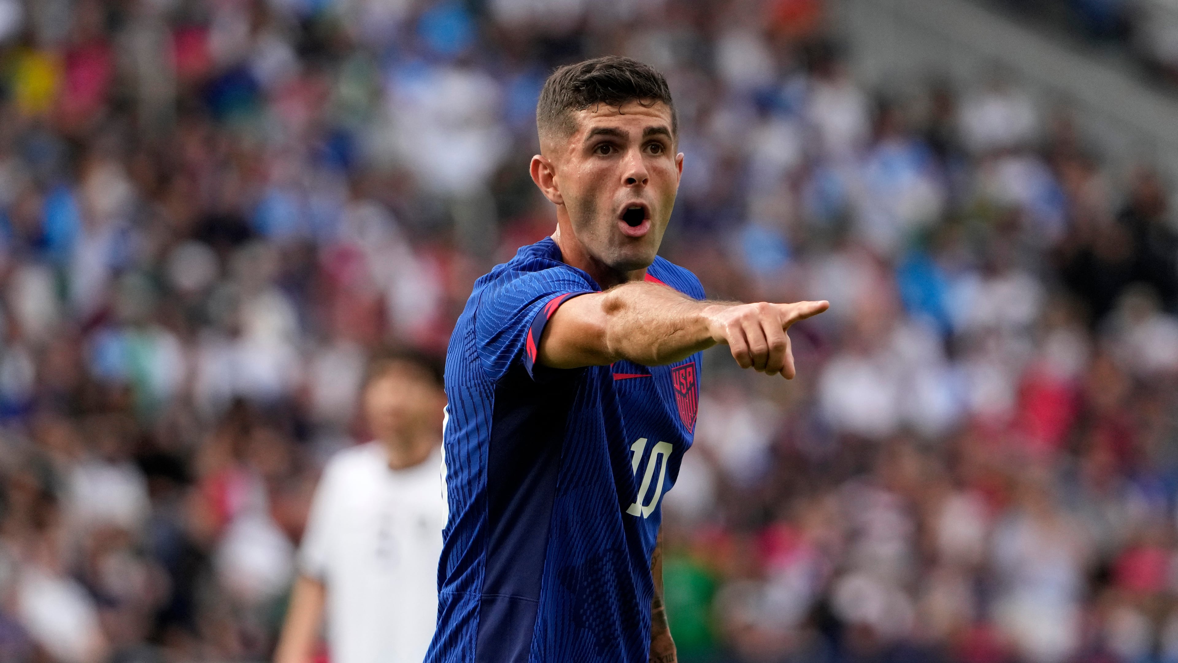 FILE - United States' Christian Pulisic points during the first half of an international friendly soccer match against Uzbekistan Saturday, Sept. 9, 2023, in St. Louis. (AP Photo/Jeff Roberson, File)