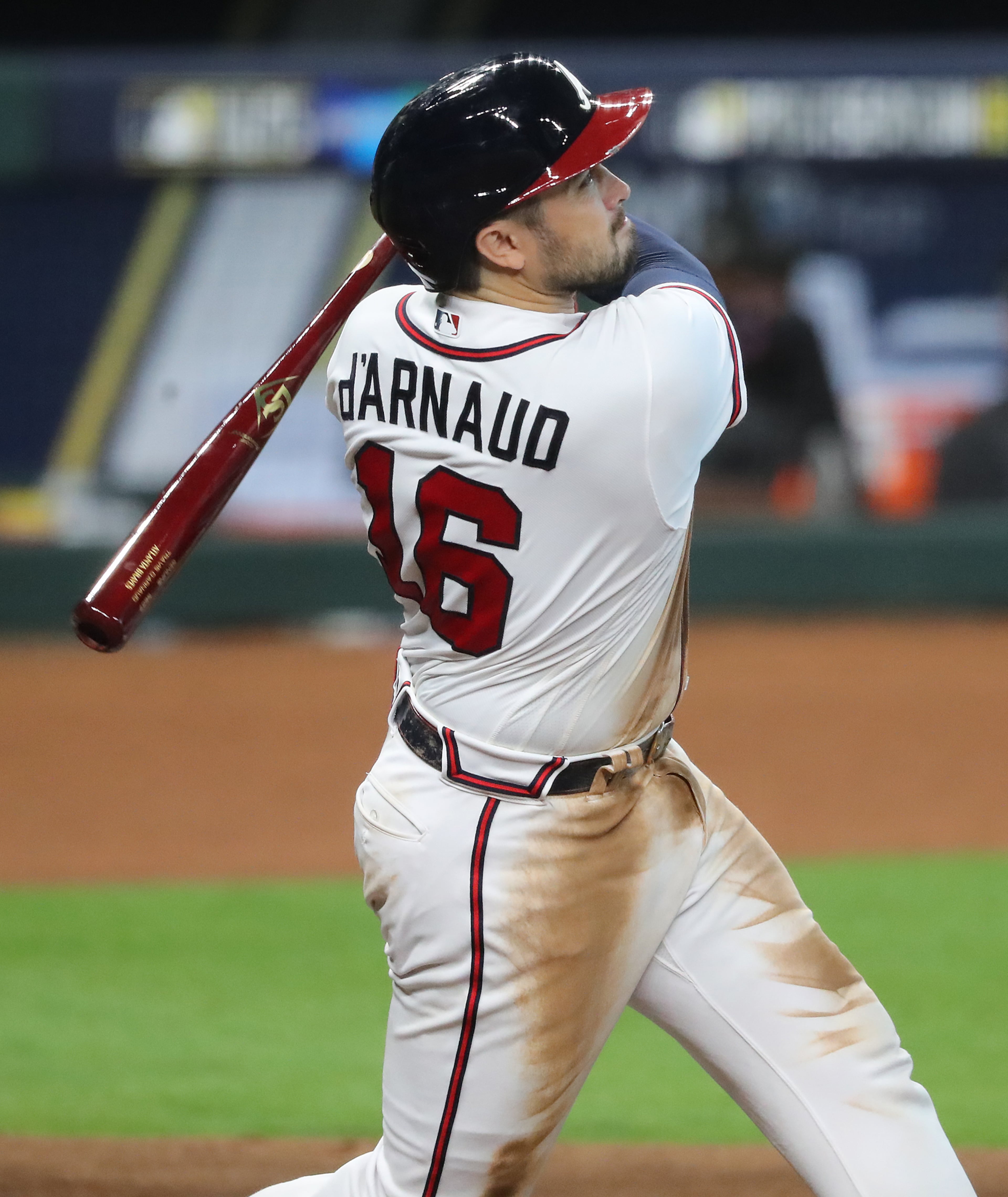 Braves' Travis D’Arnaud hits a three run homer to take a 7-4 lead over the Miami Marlins during the 7th inning in Game 1 of a National League Division Series at Minute Maid Park on Tuesday, Oct 6, 2020 in Houston. “Curtis Compton / Curtis.Compton@ajc.com”