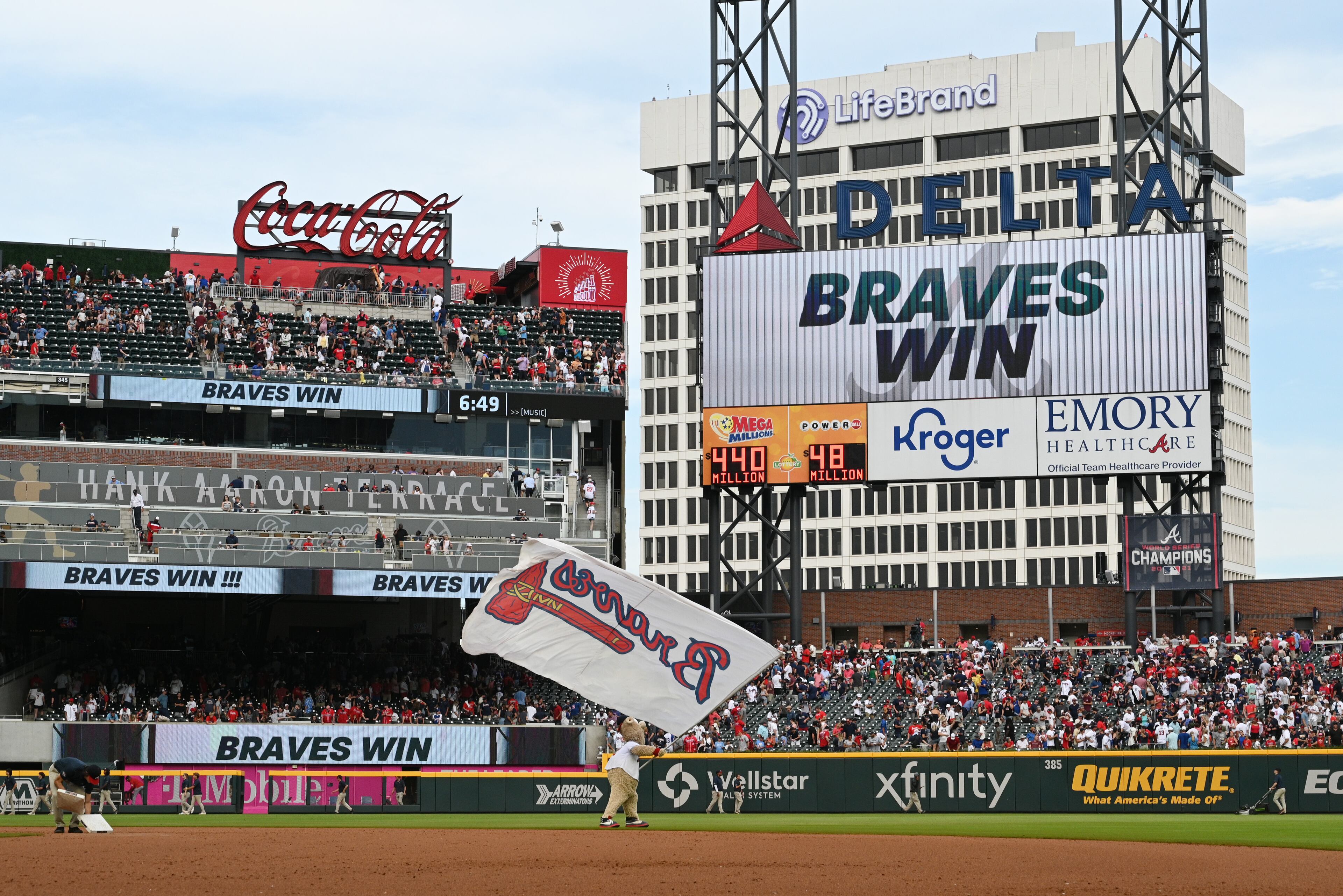 Atlanta Braves' mascot, Blooper, celebrates the team’s victory over Washington Nationals at Truist Park on Saturday, July 9, 2022. Atlanta Braves won 4-3 over Washington Nationals. (Hyosub Shin / Hyosub.Shin@ajc.com)
