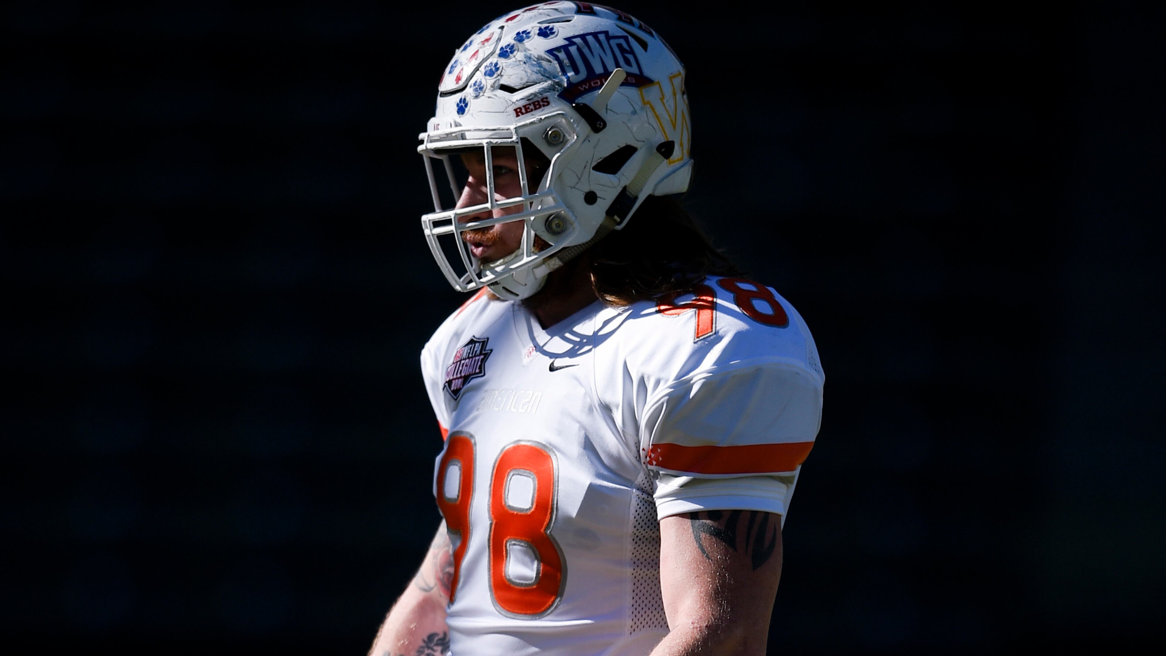 American Team defensive end Dylan Donahue, of West Georgia, warms up prior to the NFLPA Collegiate Bowl football game against the National Team in Carson, Calif., Saturday, Jan. 21, 2017. (AP Photo/Kelvin Kuo)