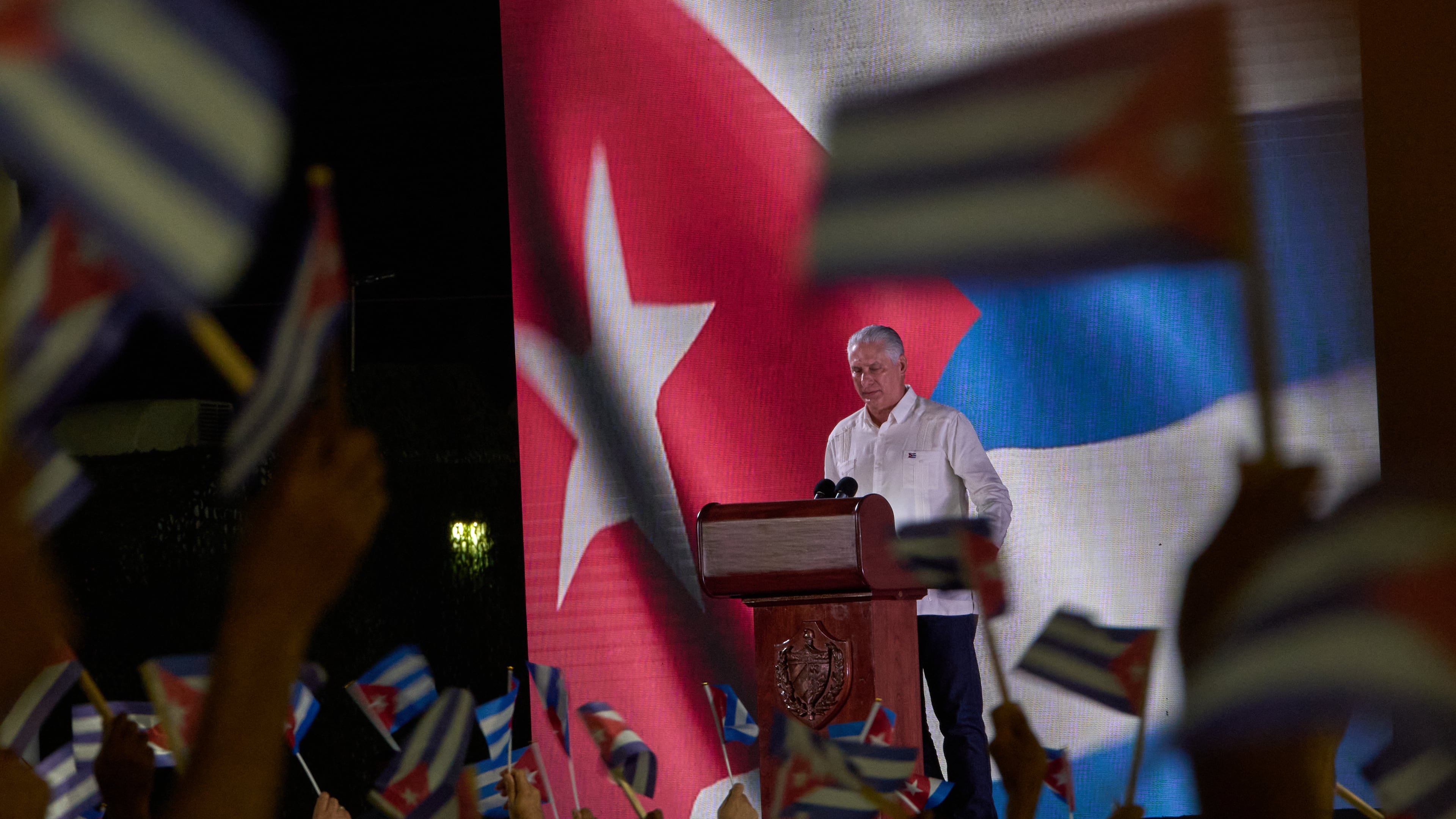 Cuban President Miguel Diaz-Canel, speaks to attendees during an event marking the 73th anniversary of the start of the Cuban Revolution in Pinar del Rio, Cuba, Sunday, July 26, 2026. (AP Photo/Ramon Espinosa)