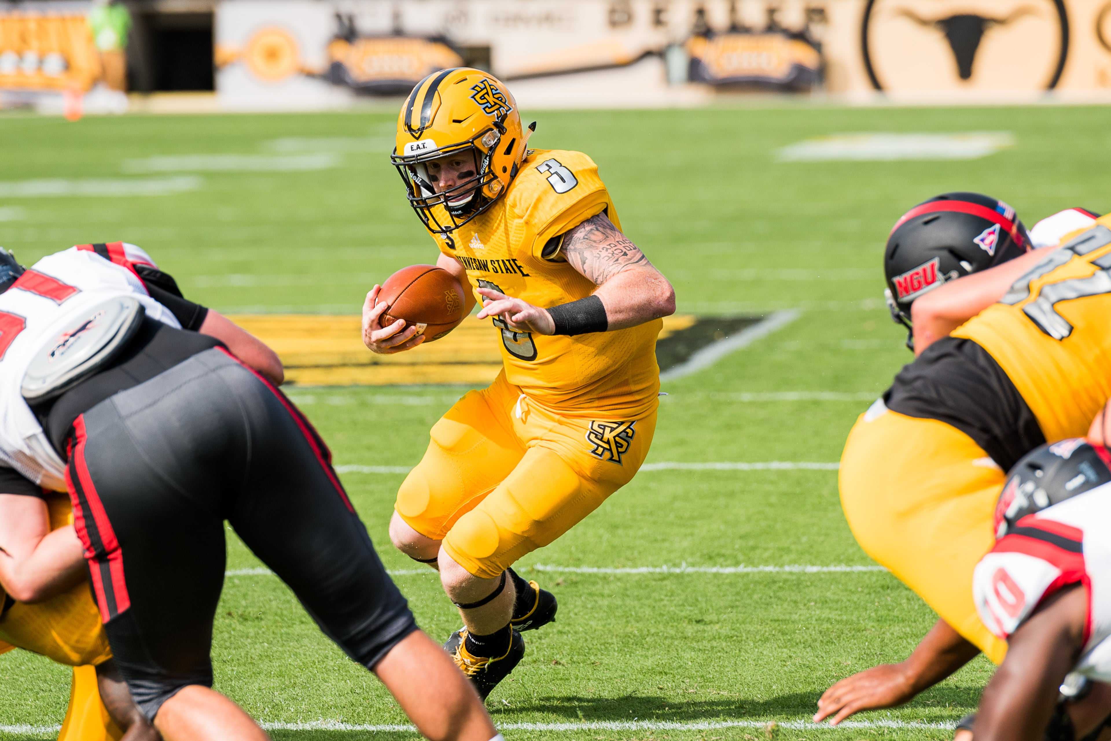 Kennesaw State quarterback Chandler Burks eyes a hole near the goaline during Saturday's matchup between Kennesaw State and North Greenville, Saturday, Sept. 30, 2017. (Special by Cory Hancock)