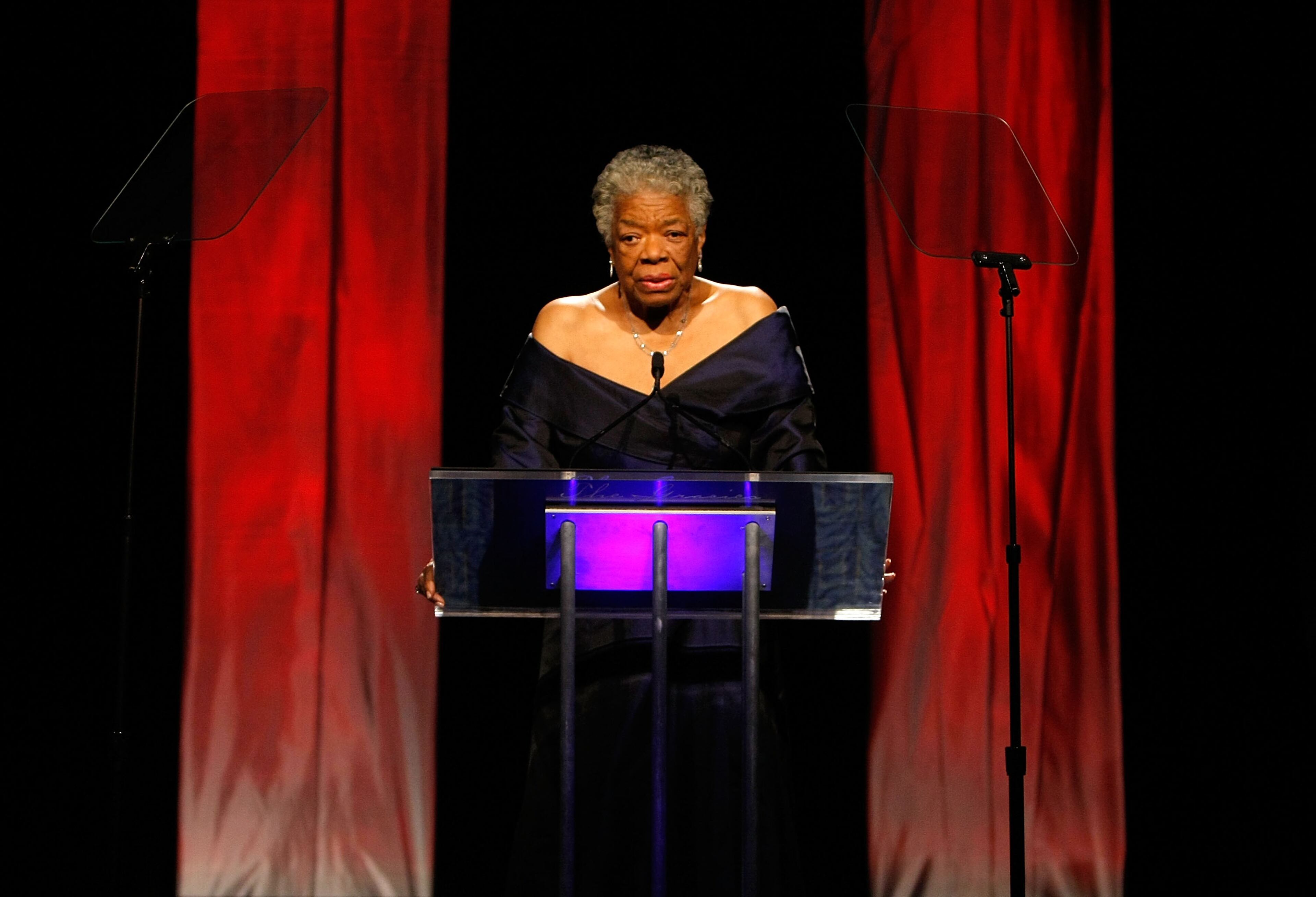 Dr. Maya Angelou speaks on stage during the 34th Annual AWRT Gracie Awards Gala at The New York Marriott Marquis on June 3, 2009 in New York City. (Photo by Jemal Countess/Getty Images for AWRT)