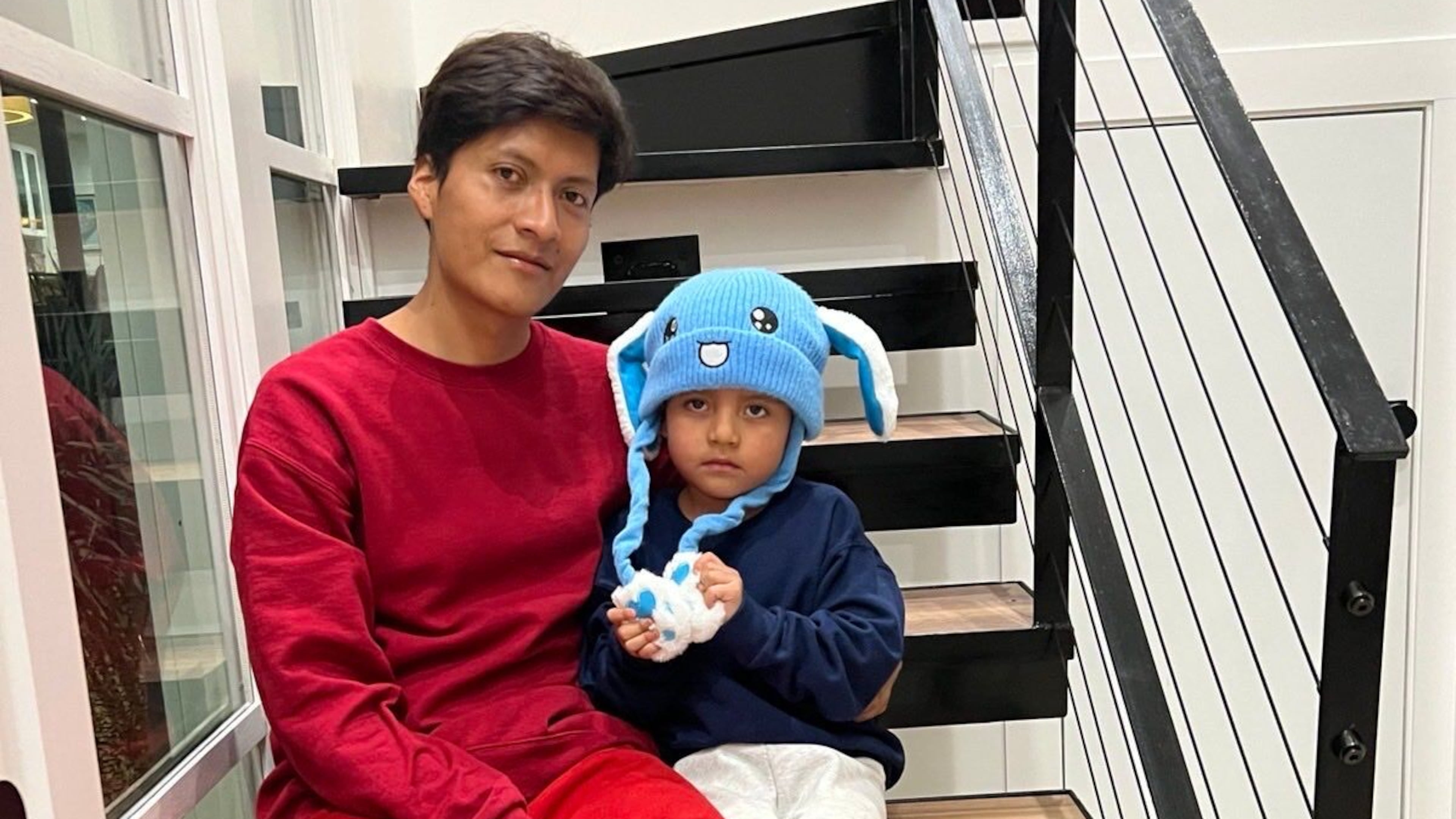 In this photo released by U.S. Rep. Joaquin Castro, D-TX, Adrian Conejo Arias and his son, five-year-old Liam Conejo Ramos are seen in San Antonio, Texas, Saturday, Jan. 31, 2026, after being released from Dilley detention center. (Joaquin Castro via AP)