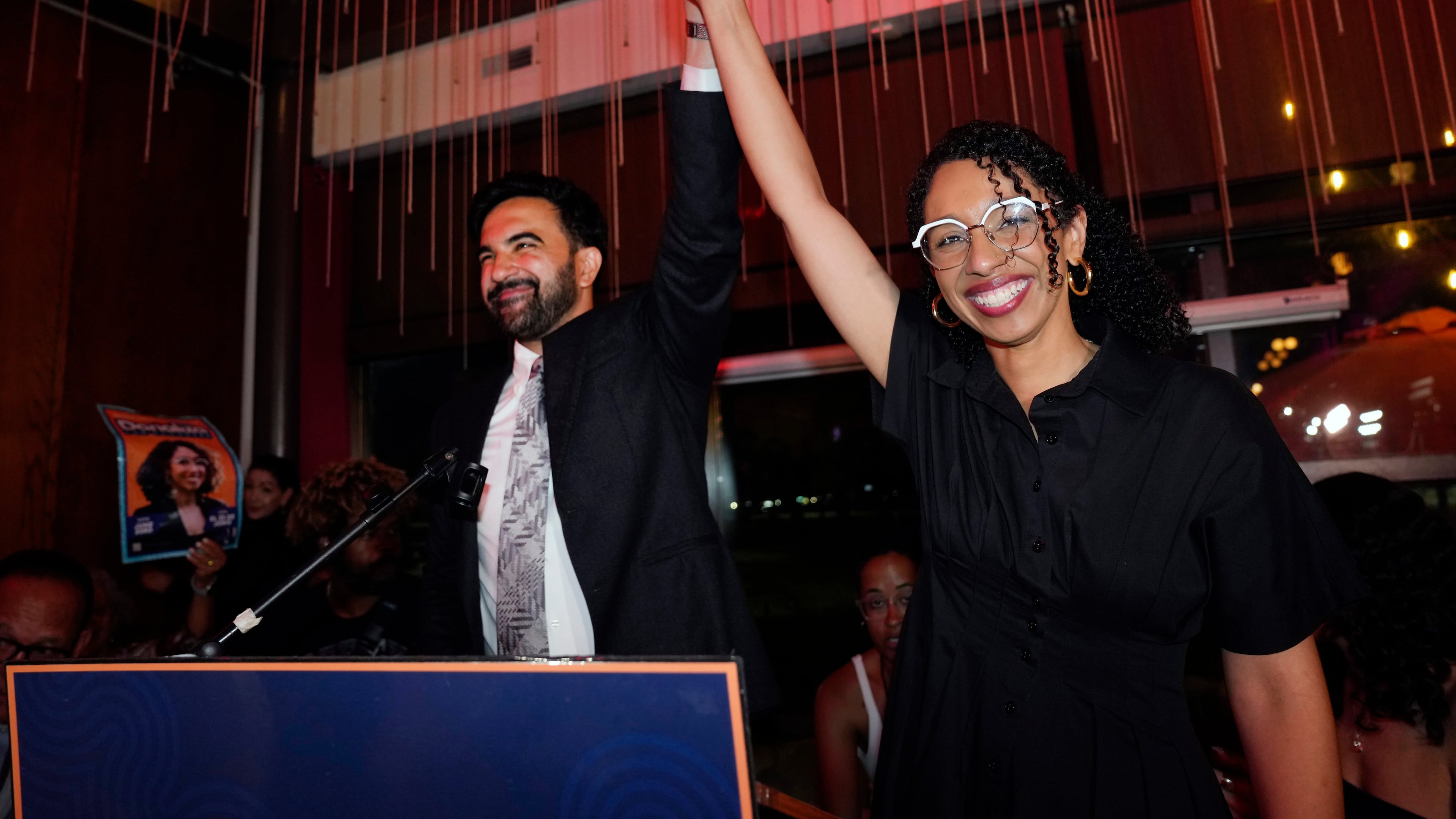 New York City Mayor Zohran Mamdani, celebrates with Democratic congressional candidate Darializa Avila Chevalier during an election night watch party Tuesday, June 23, 2026, in New York. (AP Photo/Seth Wenig)