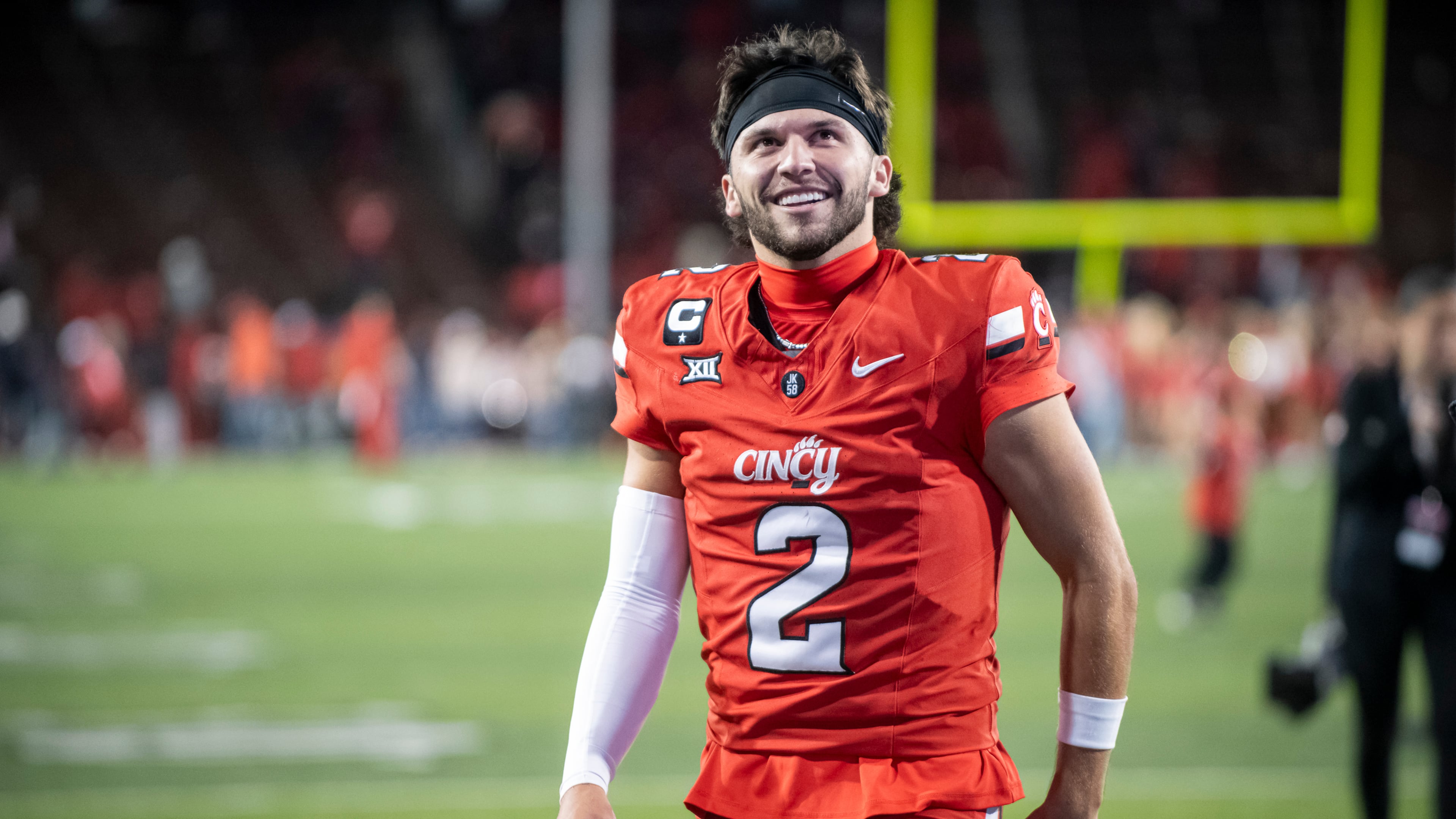 FILE - Cincinnati quarterback Brendan Sorsby (2) walks off the field after a NCAA college football game against Baylor, Oct. 25, 2025, in Cincinnati. (AP Photo/Tanner Pearson, File)