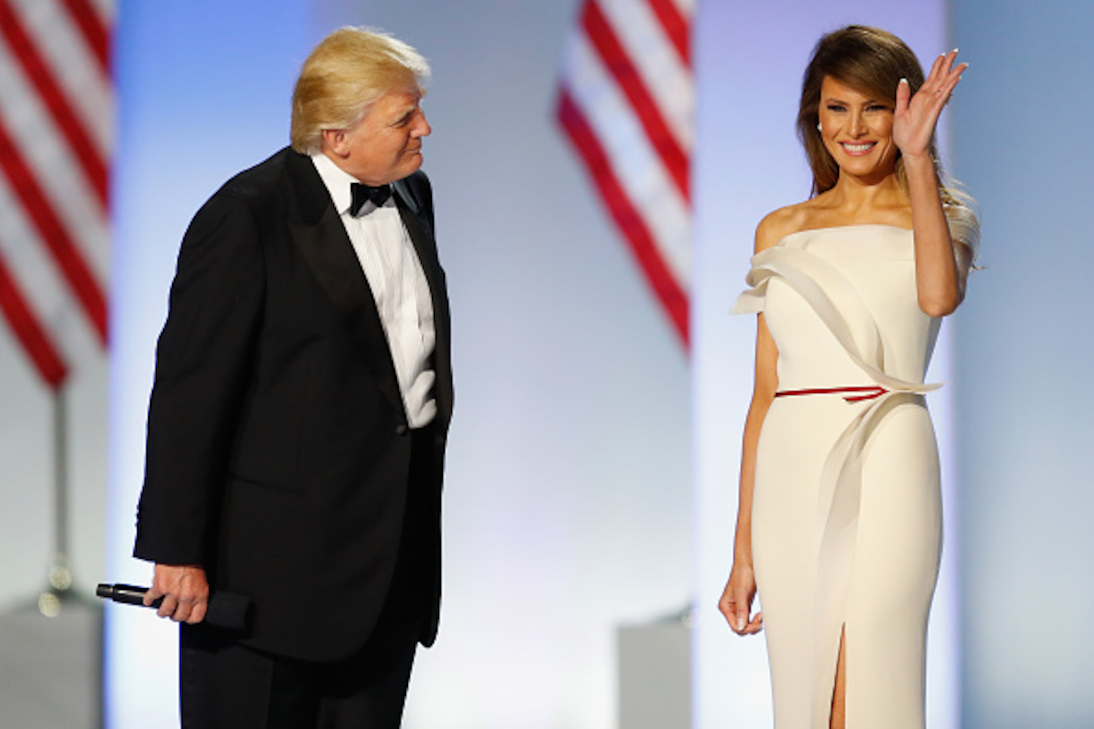 WASHINGTON, DC - JANUARY 20: President Donald Trump introduces first lady Melania Trump at the Freedom Inaugural Ball at the Washington Convention Center January 20, 2017 in Washington, D.C. President Trump was sworn today as the 45th U.S. President. (Photo by Aaron P. Bernstein/Getty Images)