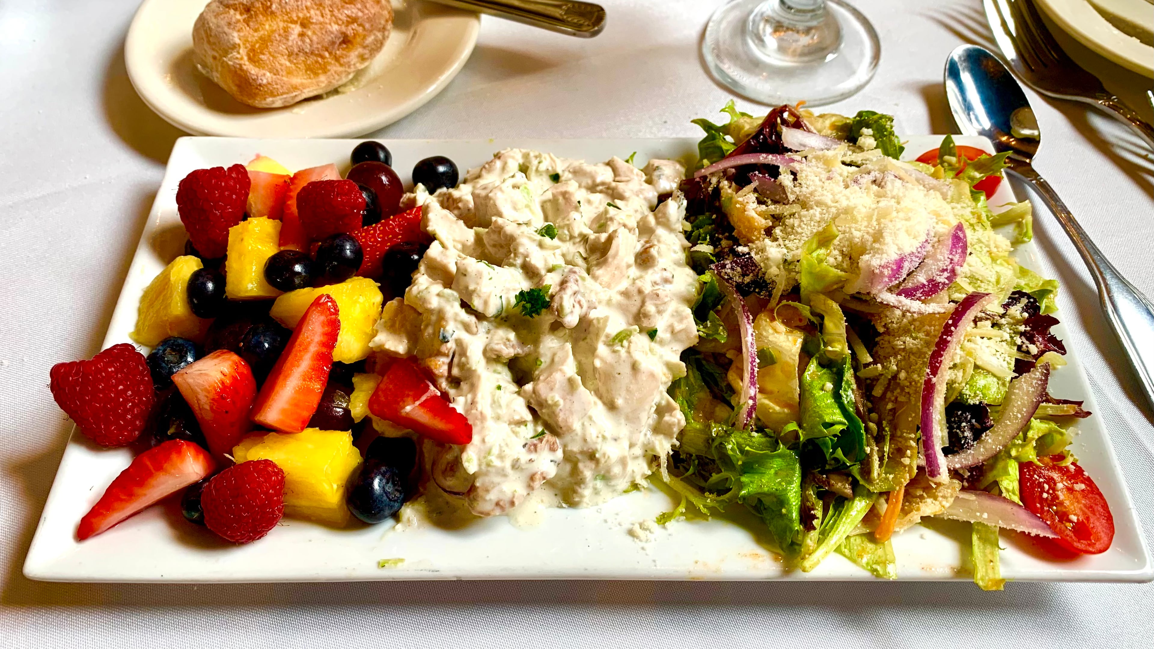 The chicken salad at Petite Violette comes with greens and fruit salad. Courtesy of Tracy Markowski