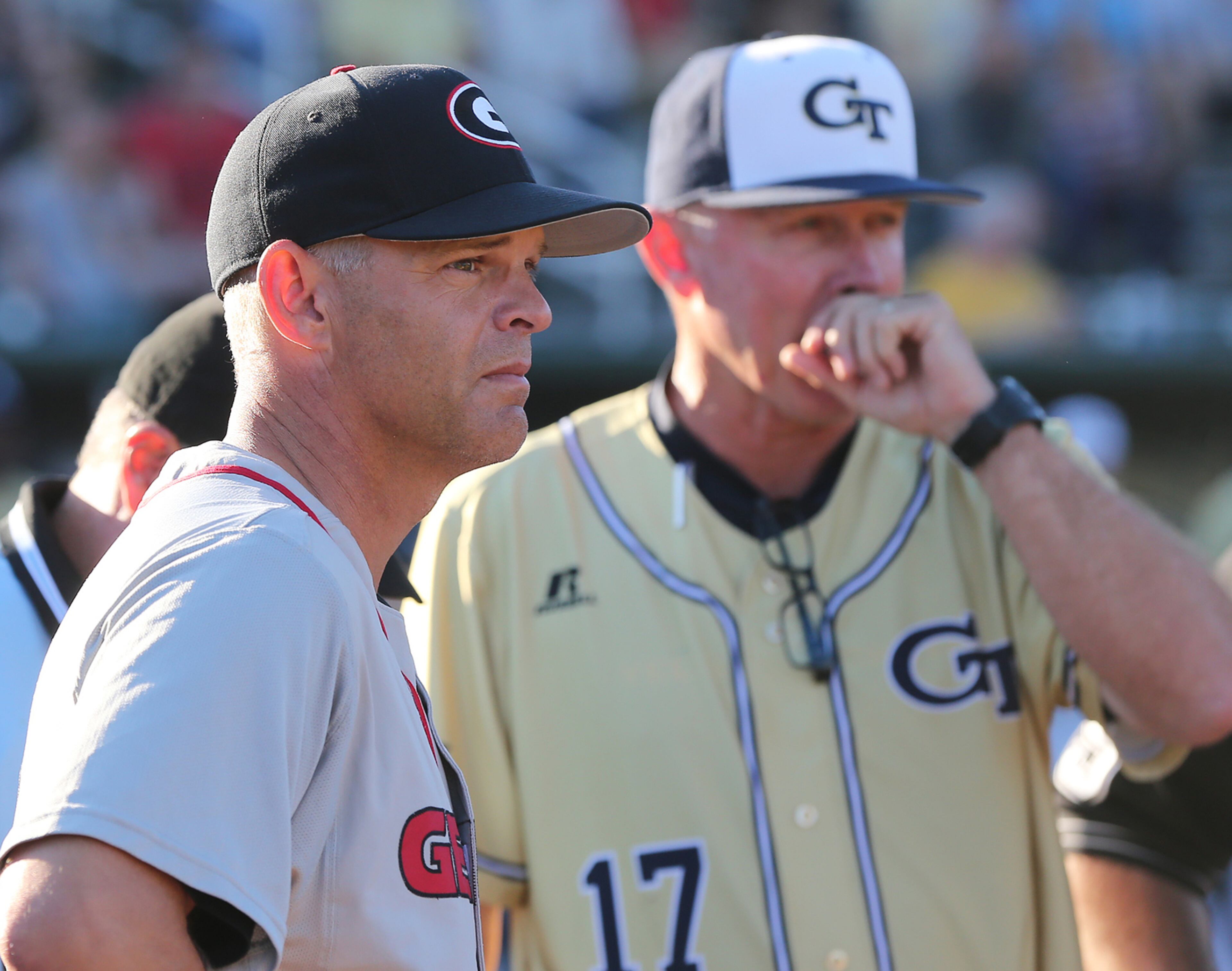 April 25, 2017, Atlanta: Georgia head baseball coach Scott Stricklin and Georgia Tech head baseball coach Danny Hall meet at home as they prepare to play each other in a NCAA college baseball game on Tuesday, April 25, 2017, at Russ Chandler Stadium in Atlanta. Curtis Compton/ccompton@ajc.com